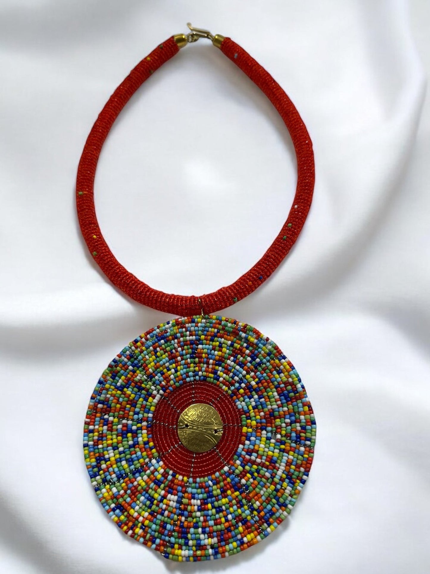 Handmade African Beaded Statement Necklace with Colourful Round Pendant - Fatisha Boutique