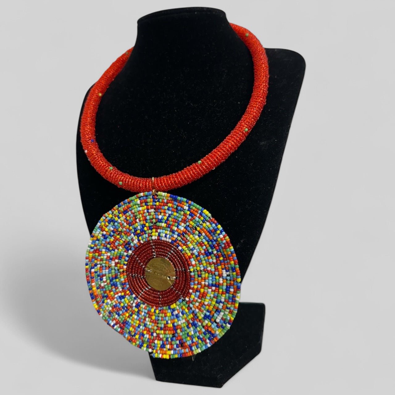 Handmade African Beaded Statement Necklace with Colourful Round Pendant - Fatisha Boutique