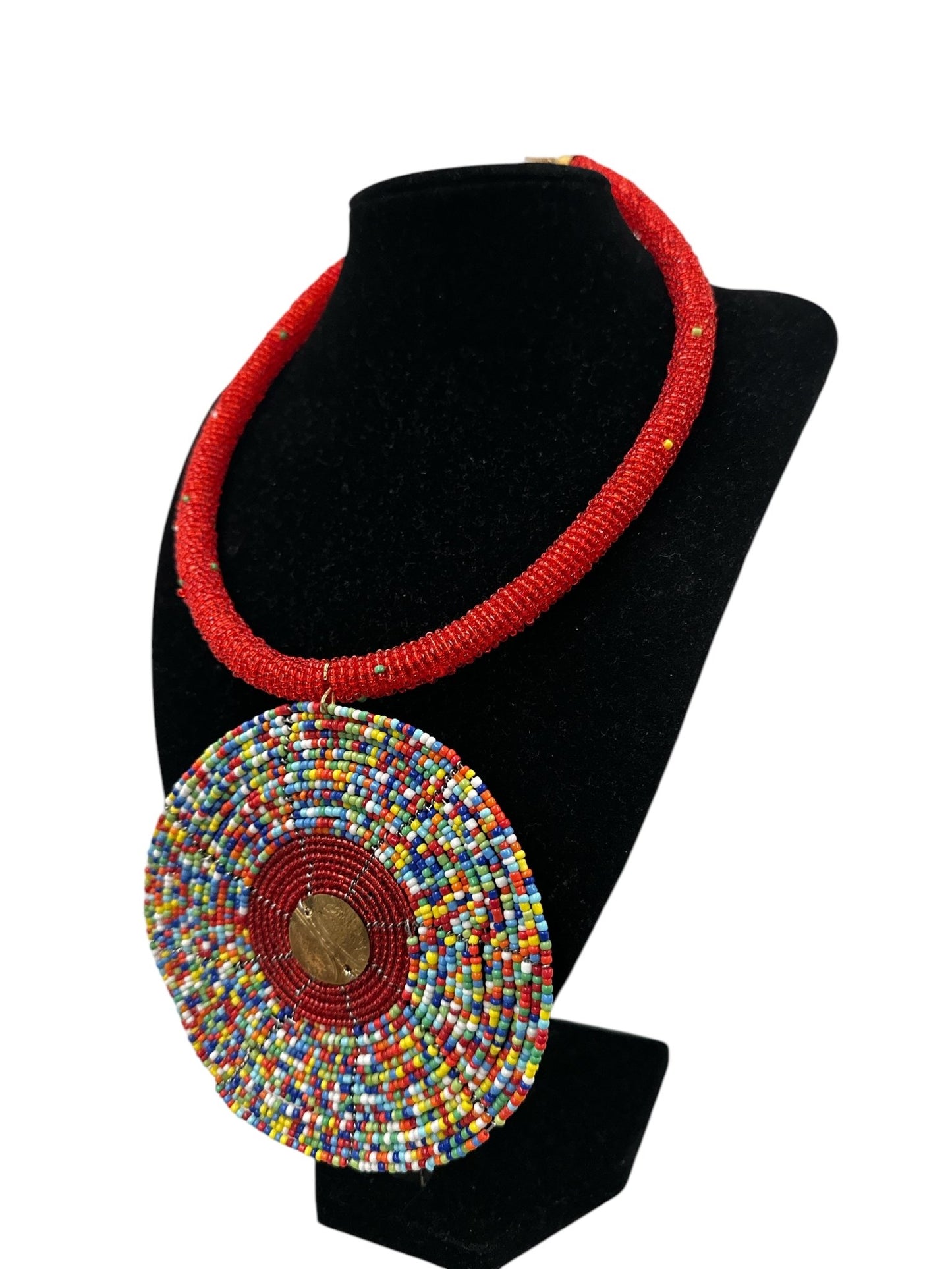 Handmade African Beaded Statement Necklace with Colourful Round Pendant - Fatisha Boutique