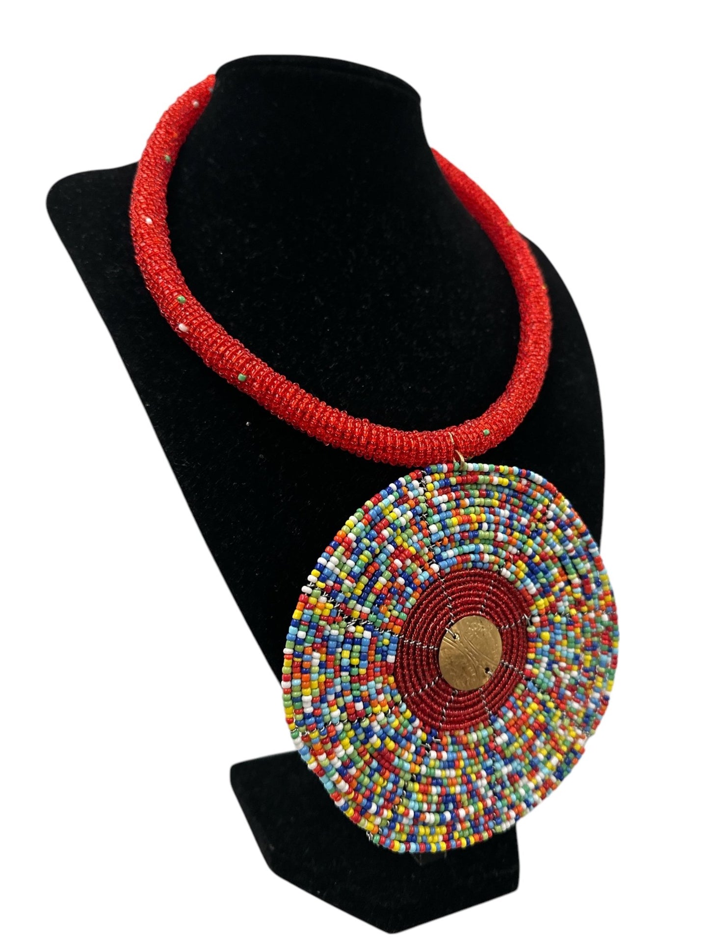 Handmade African Beaded Statement Necklace with Colourful Round Pendant - Fatisha Boutique