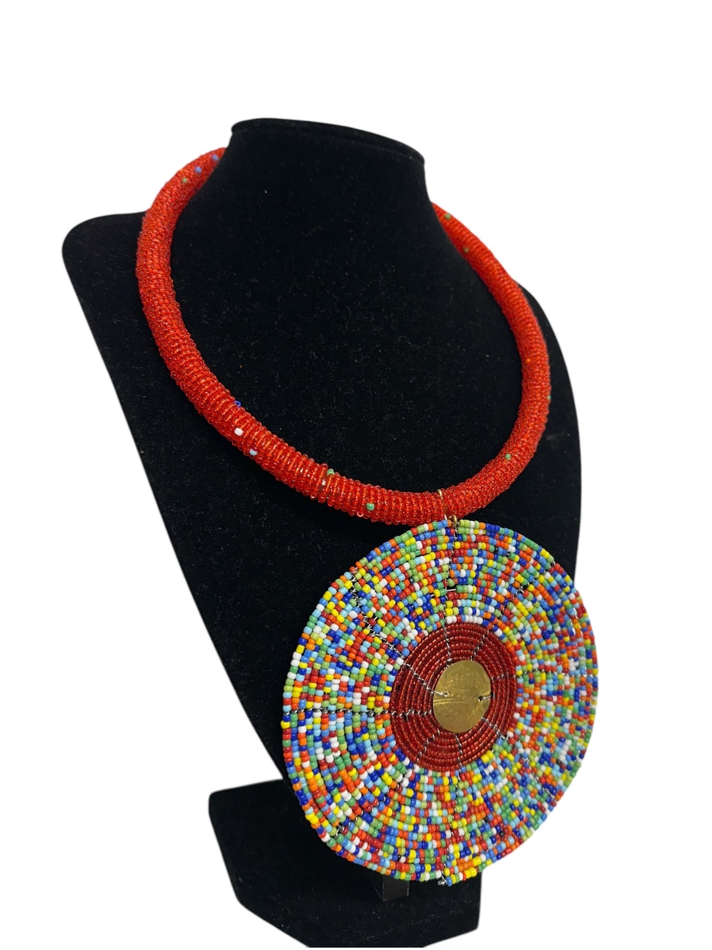 Handmade African Beaded Statement Necklace with Colourful Round Pendant - Fatisha Boutique