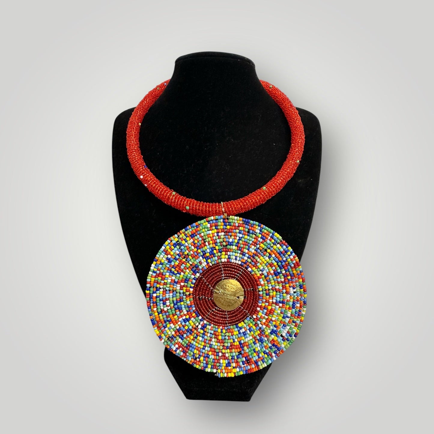 Handmade African Beaded Statement Necklace with Colourful Round Pendant - Fatisha Boutique
