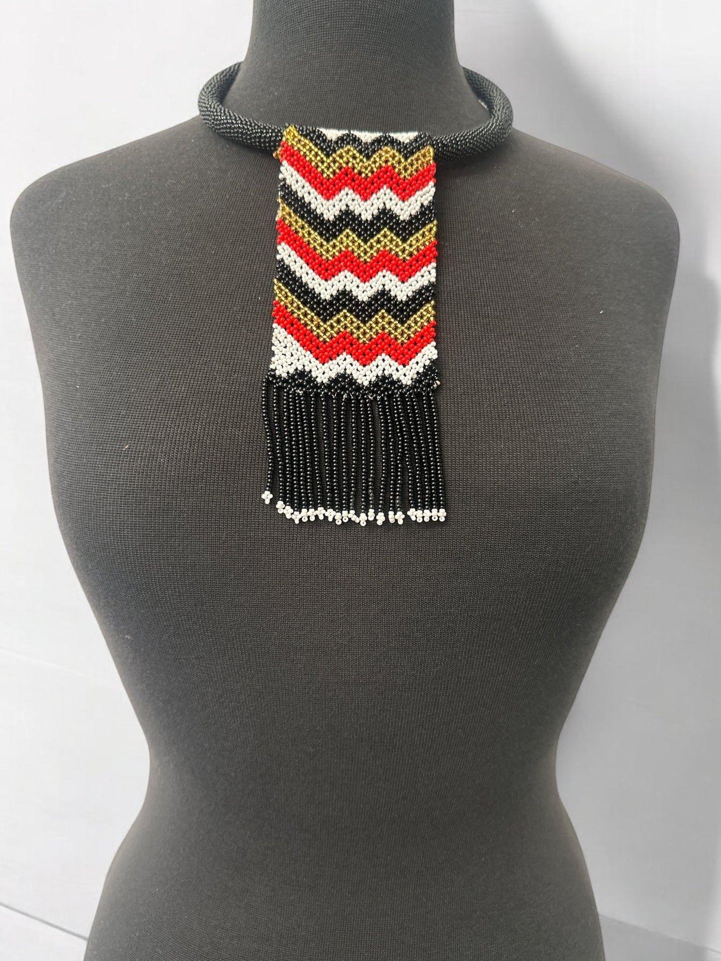 Handmade African Chevron Beaded Necklace with Fringe - Bold Tribal Design - Fatisha Boutique