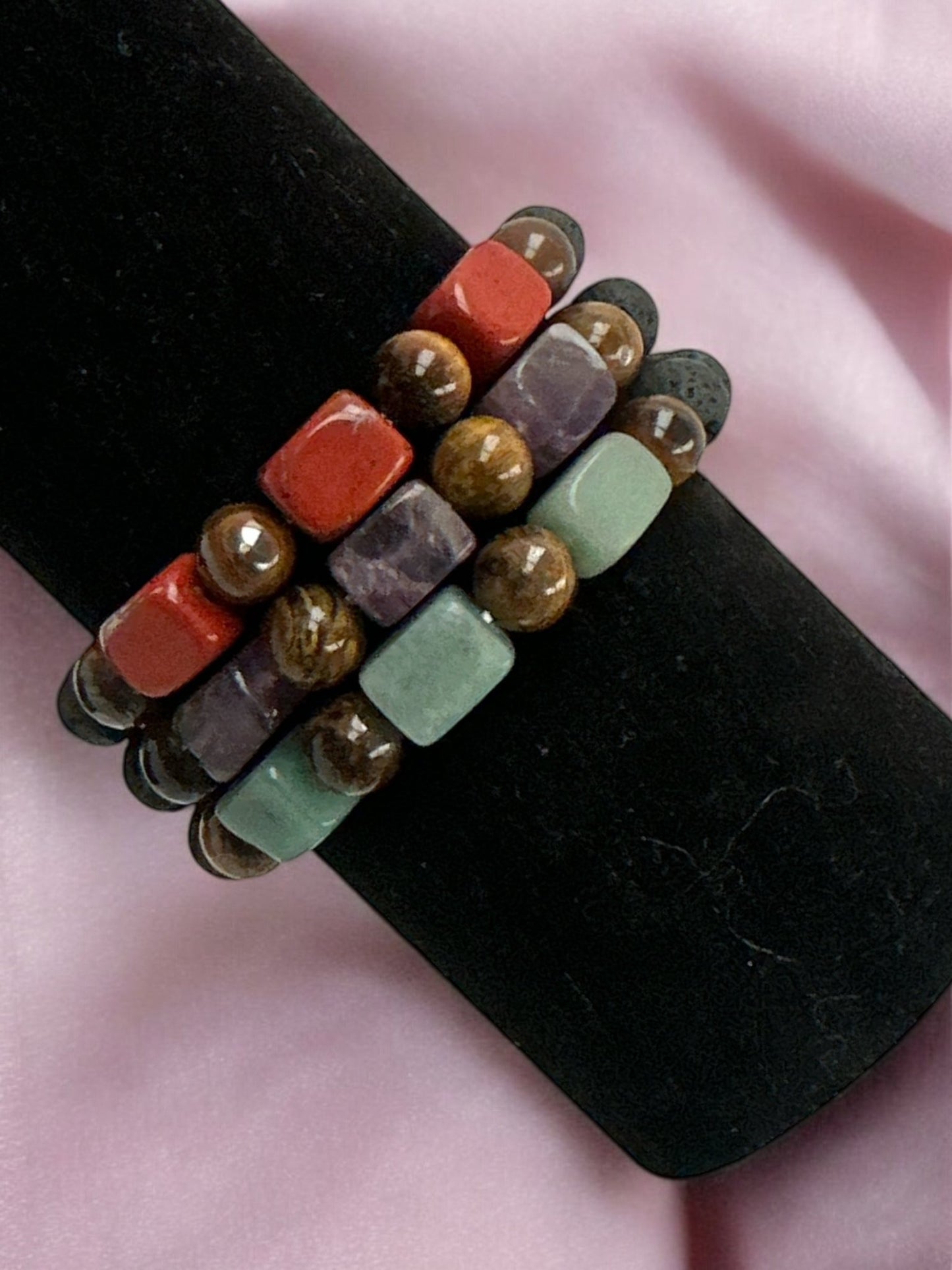 Handmade Beaded Bracelet Set – Lava, Tiger Eye, Amethyst & Aventurine - Fatisha Boutique