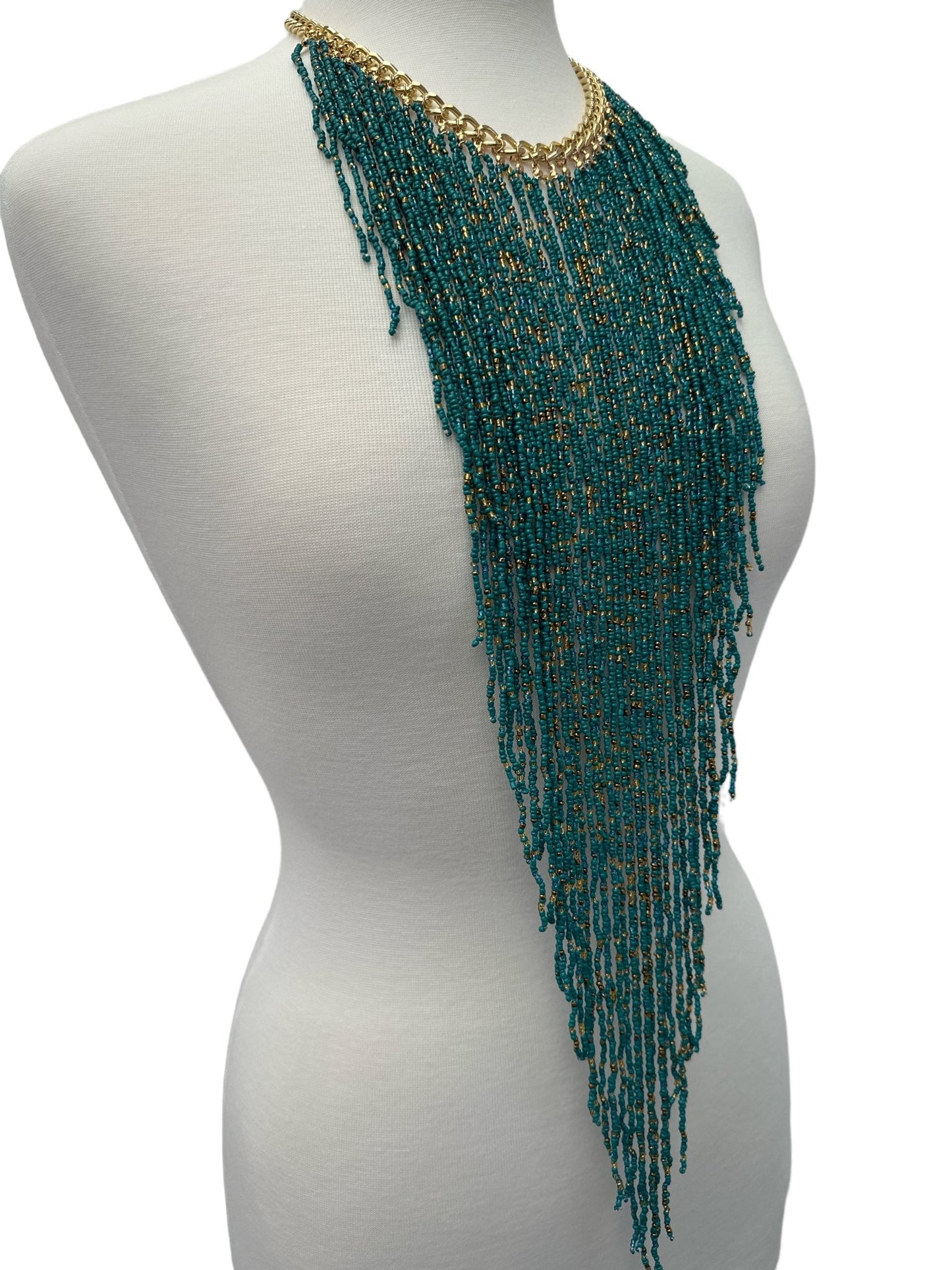 Handmade Beaded Fringe Statement Necklace - Bohemian Multi - Strand Necklace in Teal and Gold - Fatisha Boutique