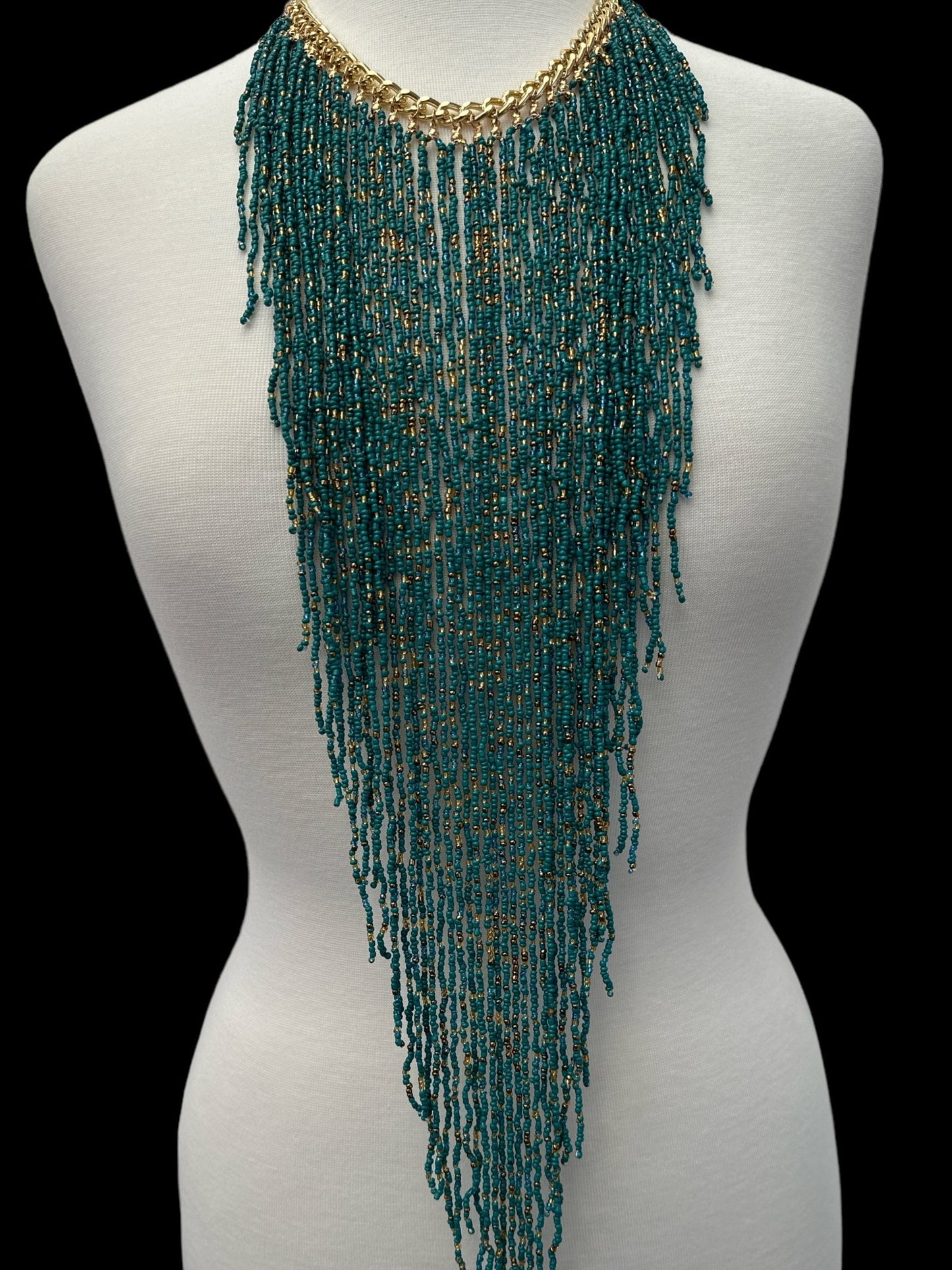 Handmade Beaded Fringe Statement Necklace - Bohemian Multi - Strand Necklace in Teal and Gold - Fatisha Boutique