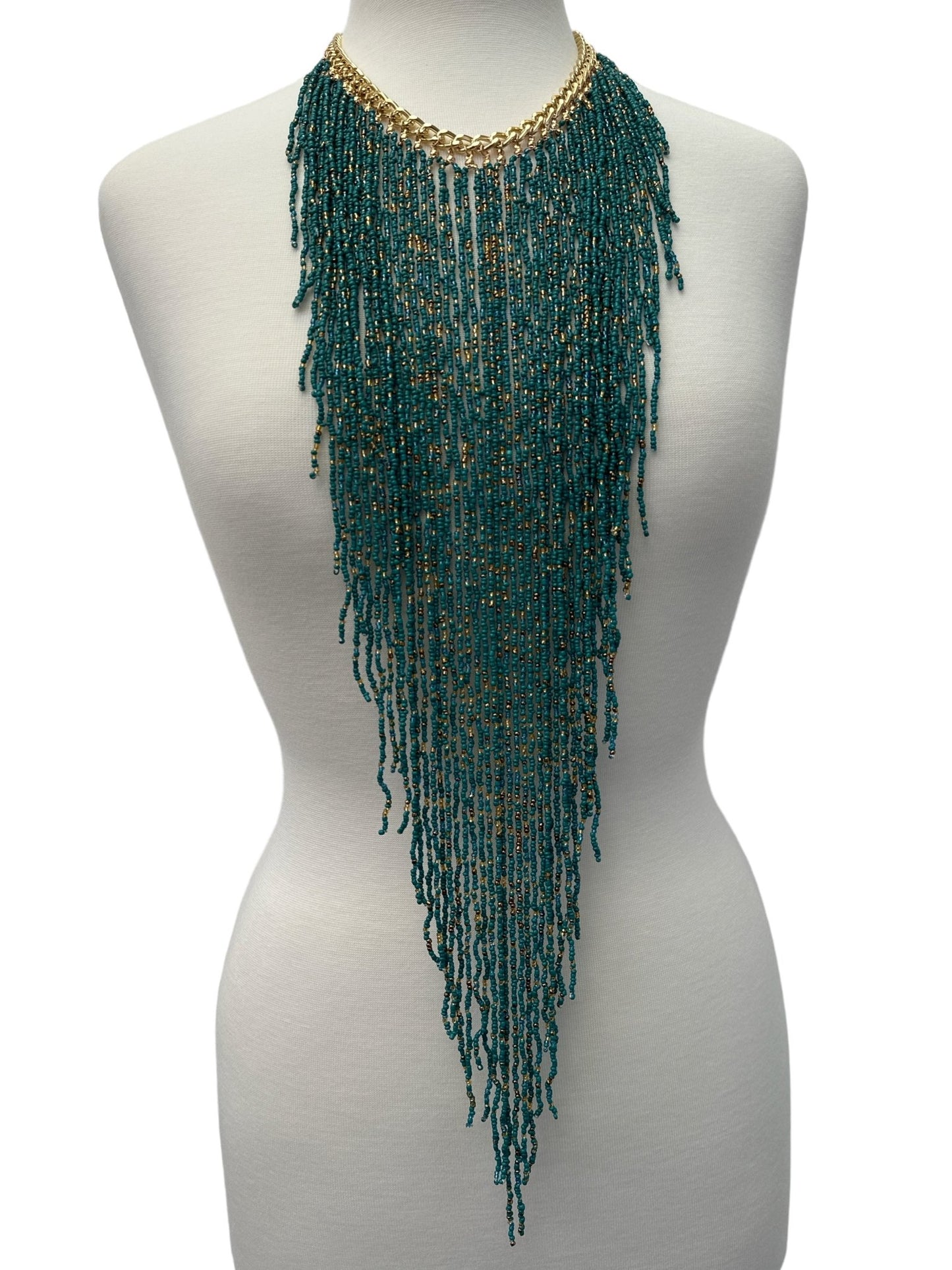 Handmade Beaded Fringe Statement Necklace - Bohemian Multi - Strand Necklace in Teal and Gold - Fatisha Boutique