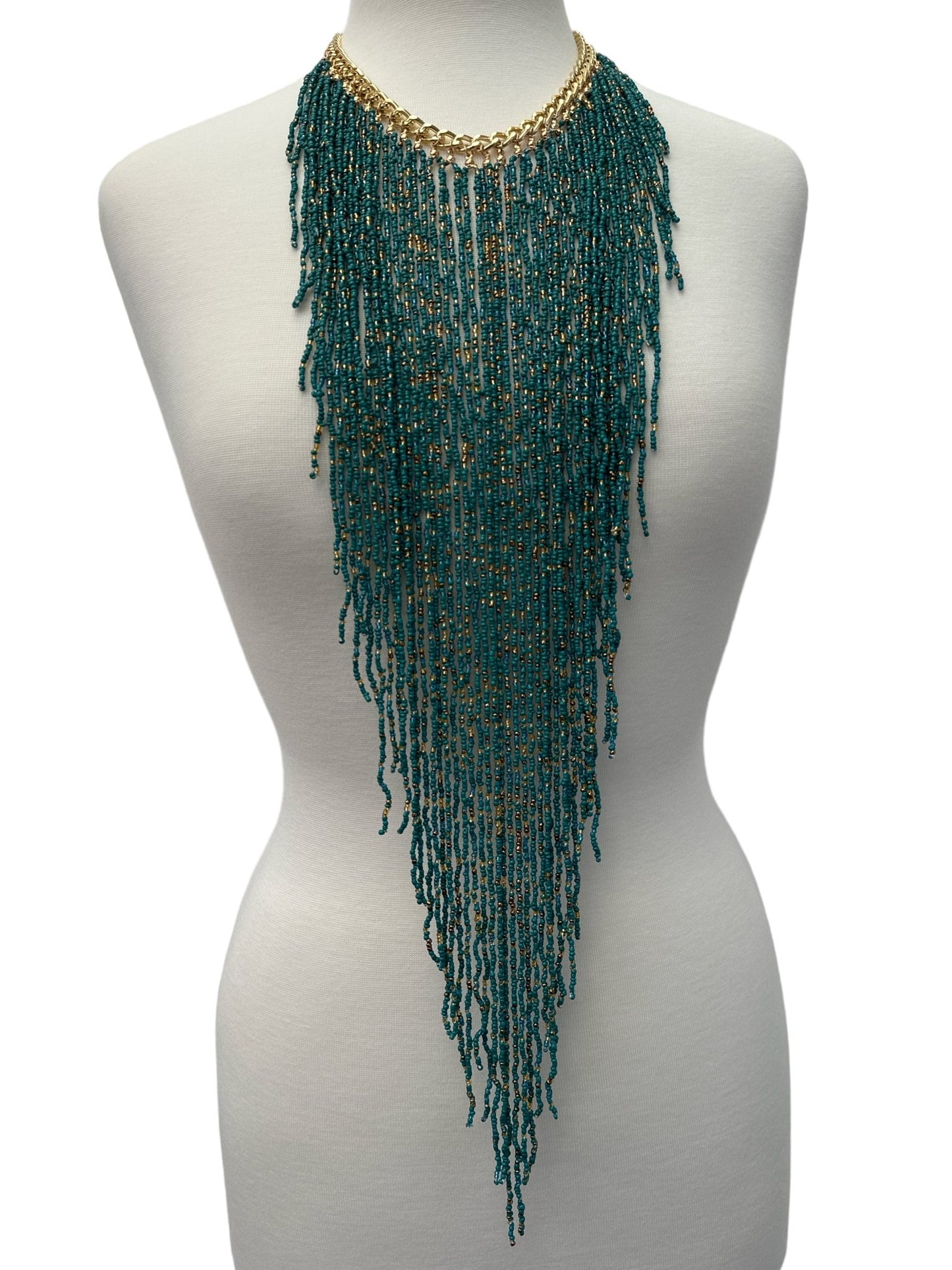 Handmade Beaded Fringe Statement Necklace - Bohemian Multi - Strand Necklace in Teal and Gold - Fatisha Boutique