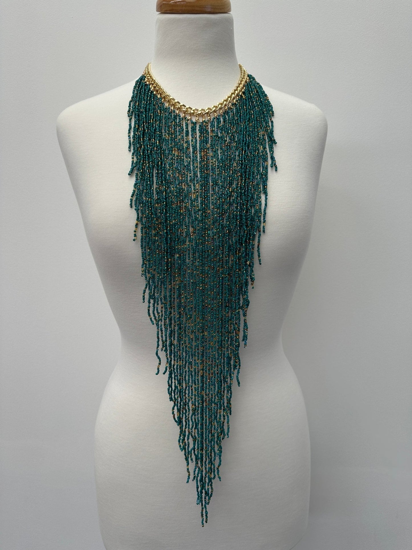 Handmade Beaded Fringe Statement Necklace - Bohemian Multi - Strand Necklace in Teal and Gold - Fatisha Boutique