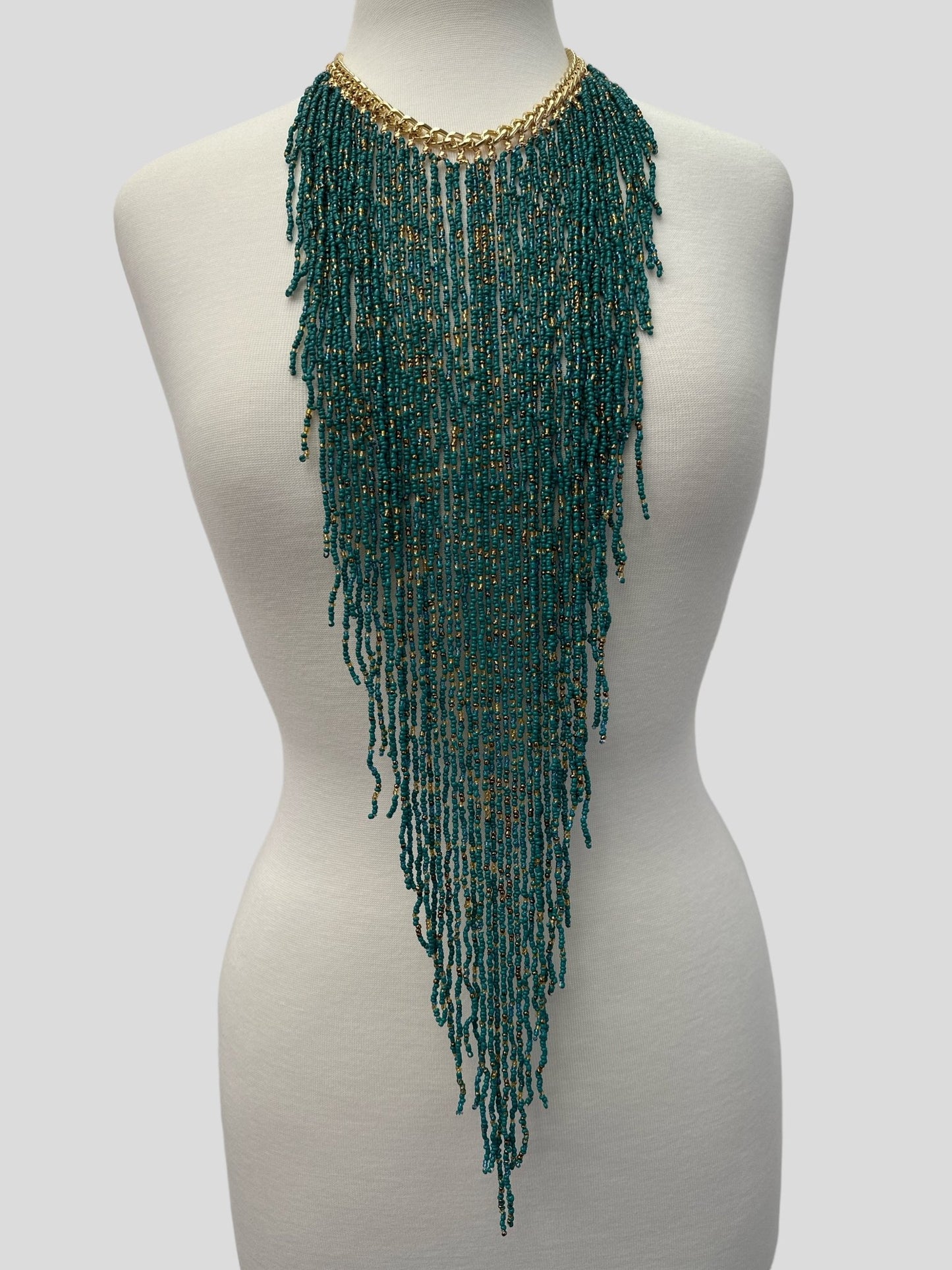 Handmade Beaded Fringe Statement Necklace - Bohemian Multi - Strand Necklace in Teal and Gold - Fatisha Boutique