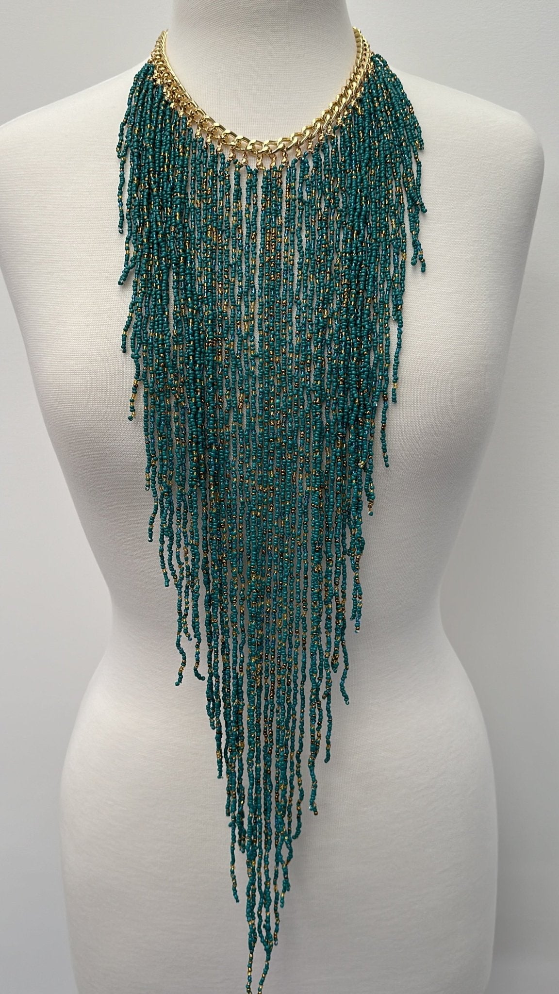 Handmade Beaded Fringe Statement Necklace - Bohemian Multi - Strand Necklace in Teal and Gold - Fatisha Boutique