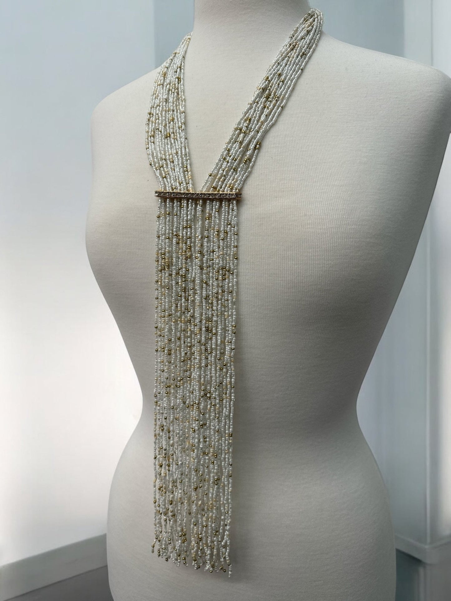Handmade Beige Multi - Strand Beaded Necklace - Elegant Boho Fringe Necklace - Fatisha Boutique