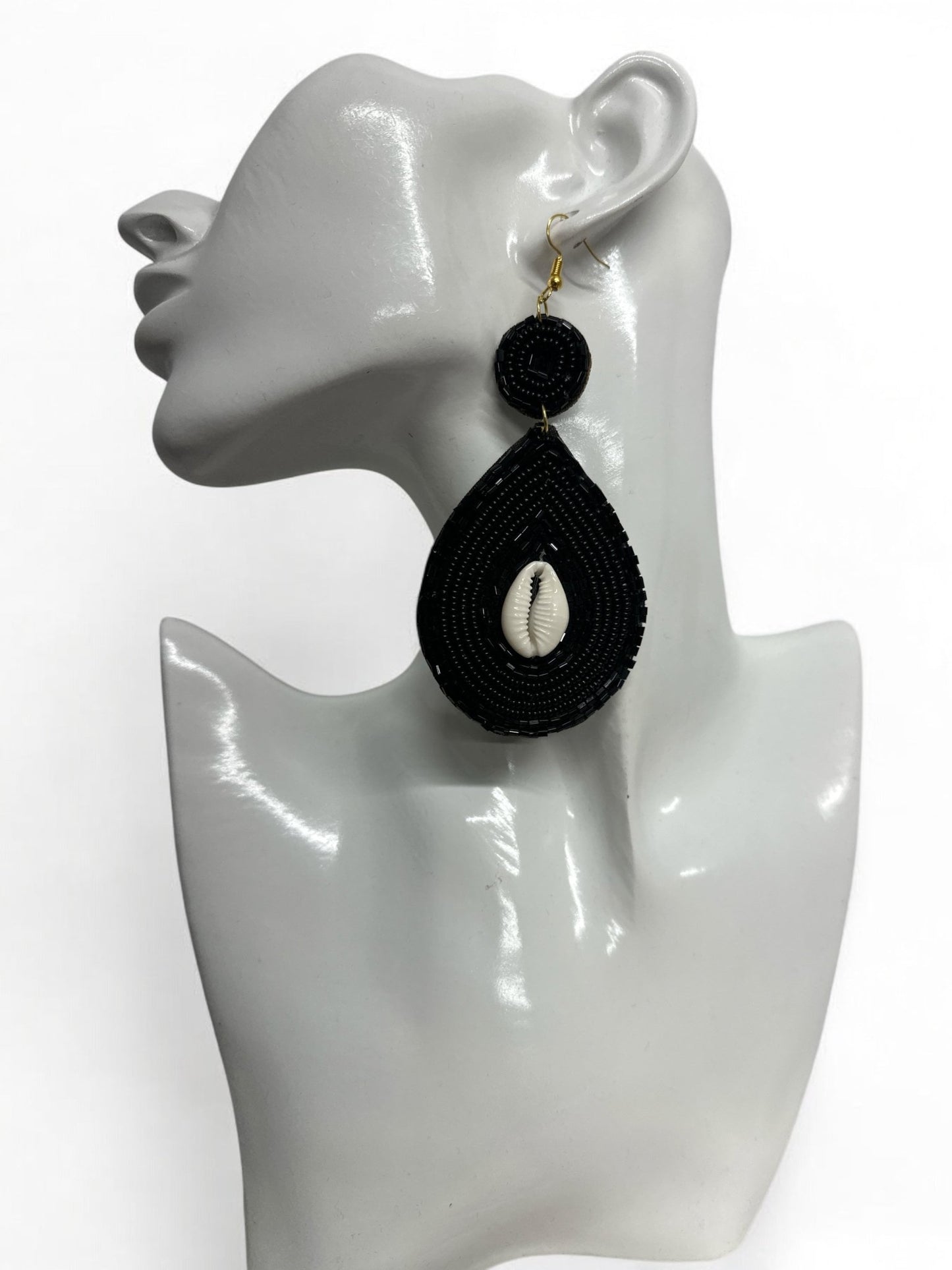 Handmade Black Beaded Cowrie Shell Earrings - Fatisha Boutique