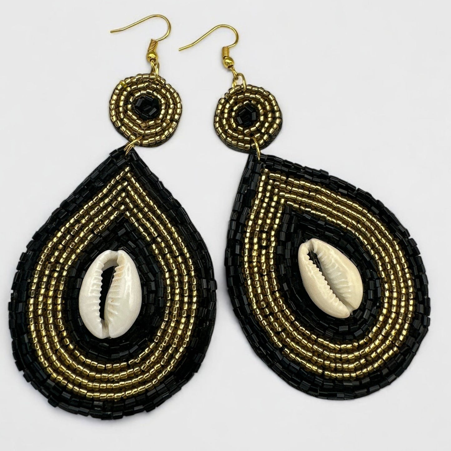 Handmade Black & Gold Cowrie Shell Earrings – Ethnic Beaded Dangle Jewellery with Tribal Vibes - Fatisha Boutique