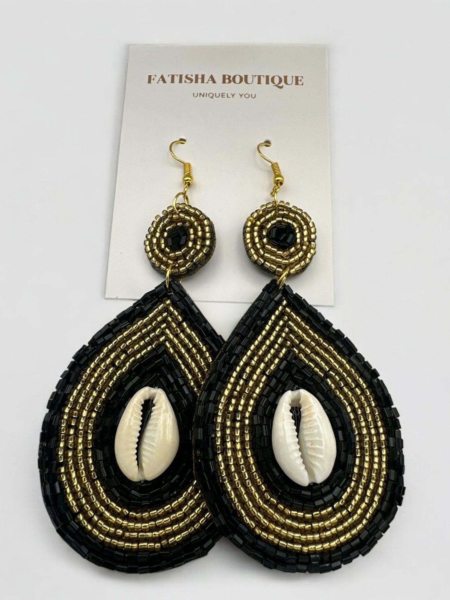 Handmade Black & Gold Cowrie Shell Earrings – Ethnic Beaded Dangle Jewellery with Tribal Vibes - Fatisha Boutique