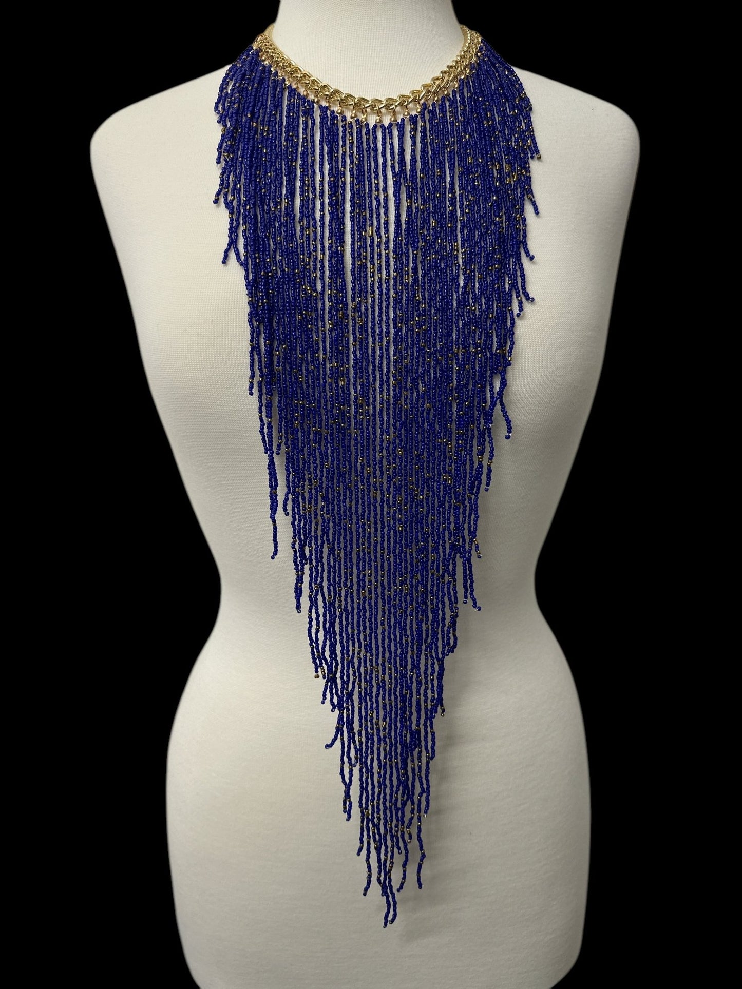 Handmade Long Bohemian Blue Multi - Strand Beaded Fringe Statement Necklace - Fatisha Boutique
