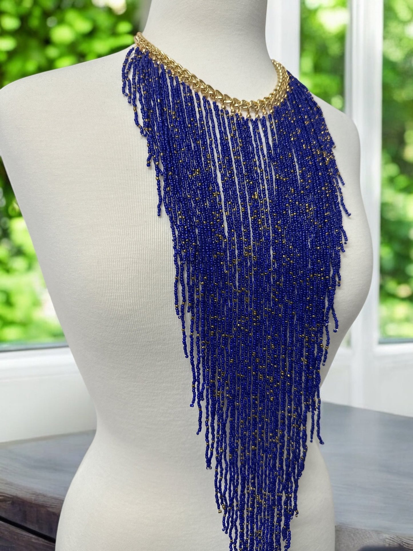 Handmade Long Bohemian Blue Multi - Strand Beaded Fringe Statement Necklace - Fatisha Boutique