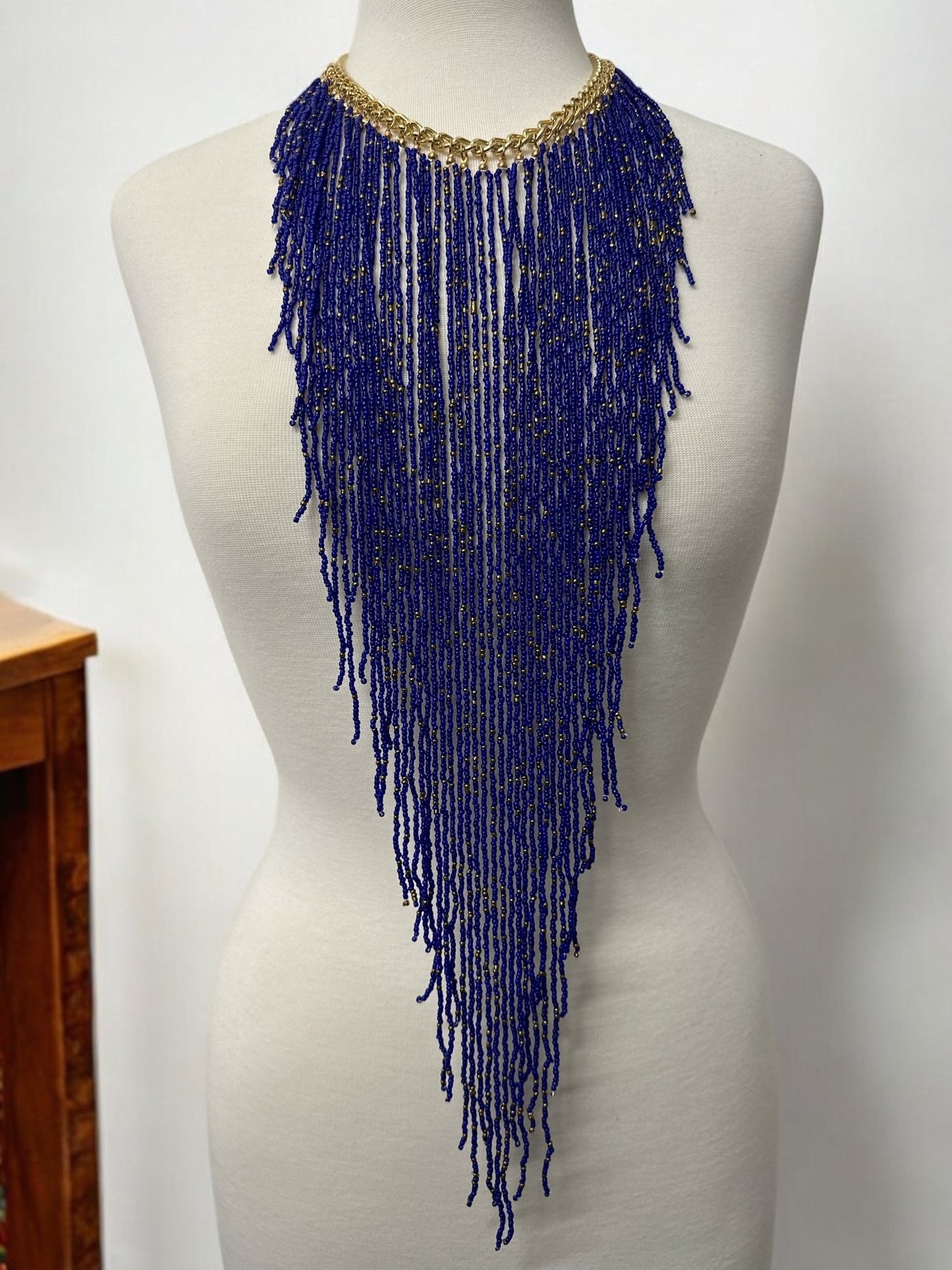 Handmade Long Bohemian Blue Multi - Strand Beaded Fringe Statement Necklace - Fatisha Boutique