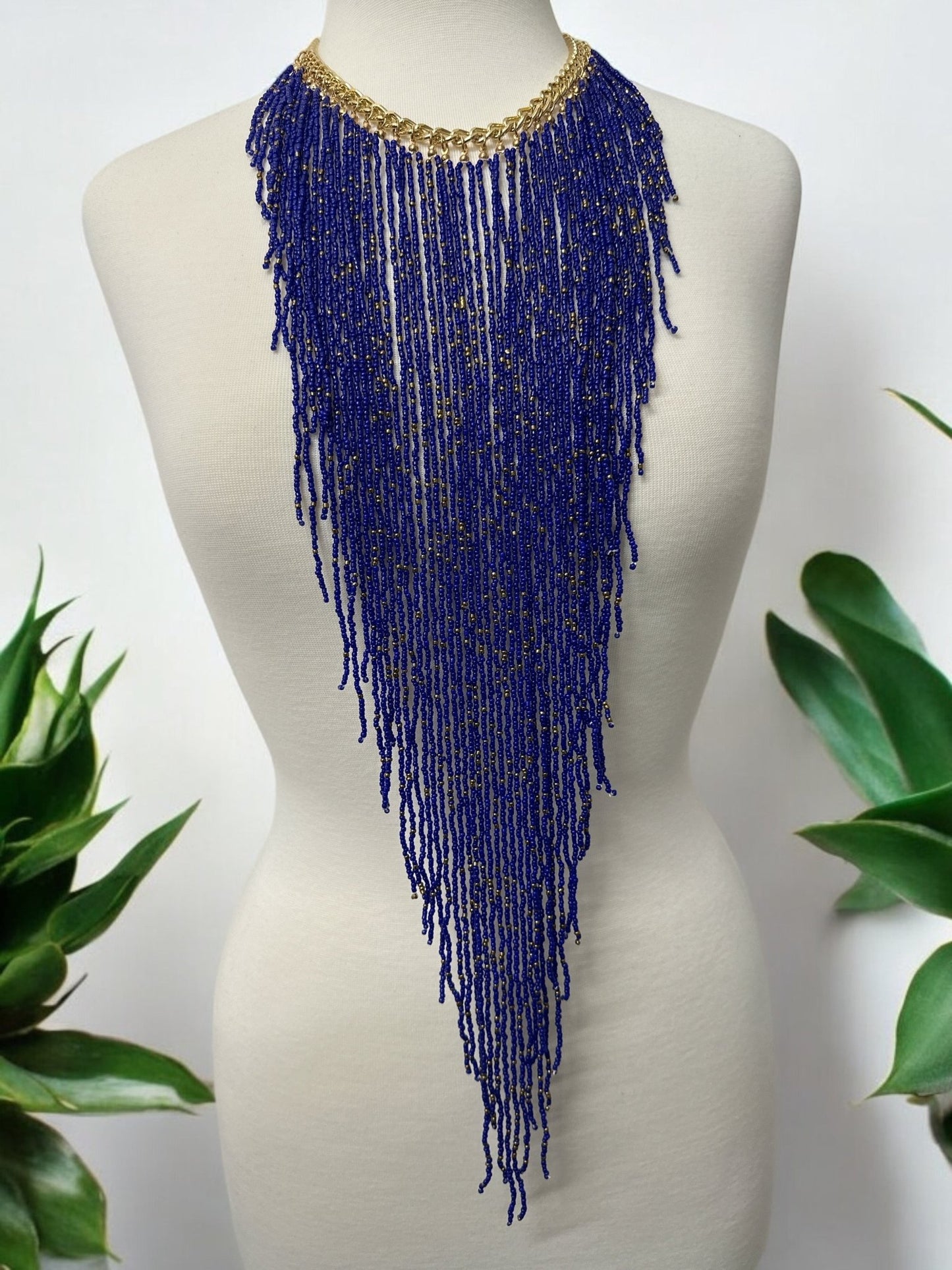 Handmade Long Bohemian Blue Multi - Strand Beaded Fringe Statement Necklace - Fatisha Boutique