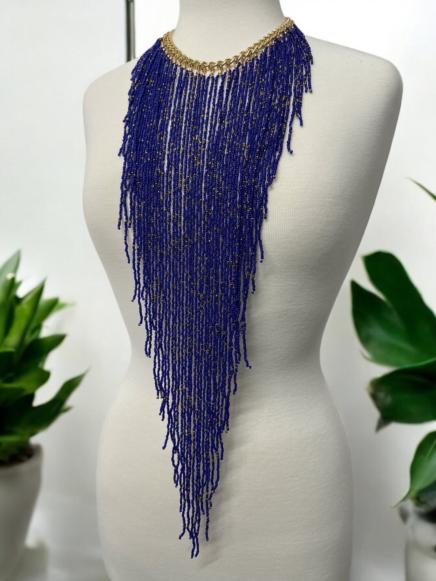 Handmade Long Bohemian Blue Multi - Strand Beaded Fringe Statement Necklace - Fatisha Boutique