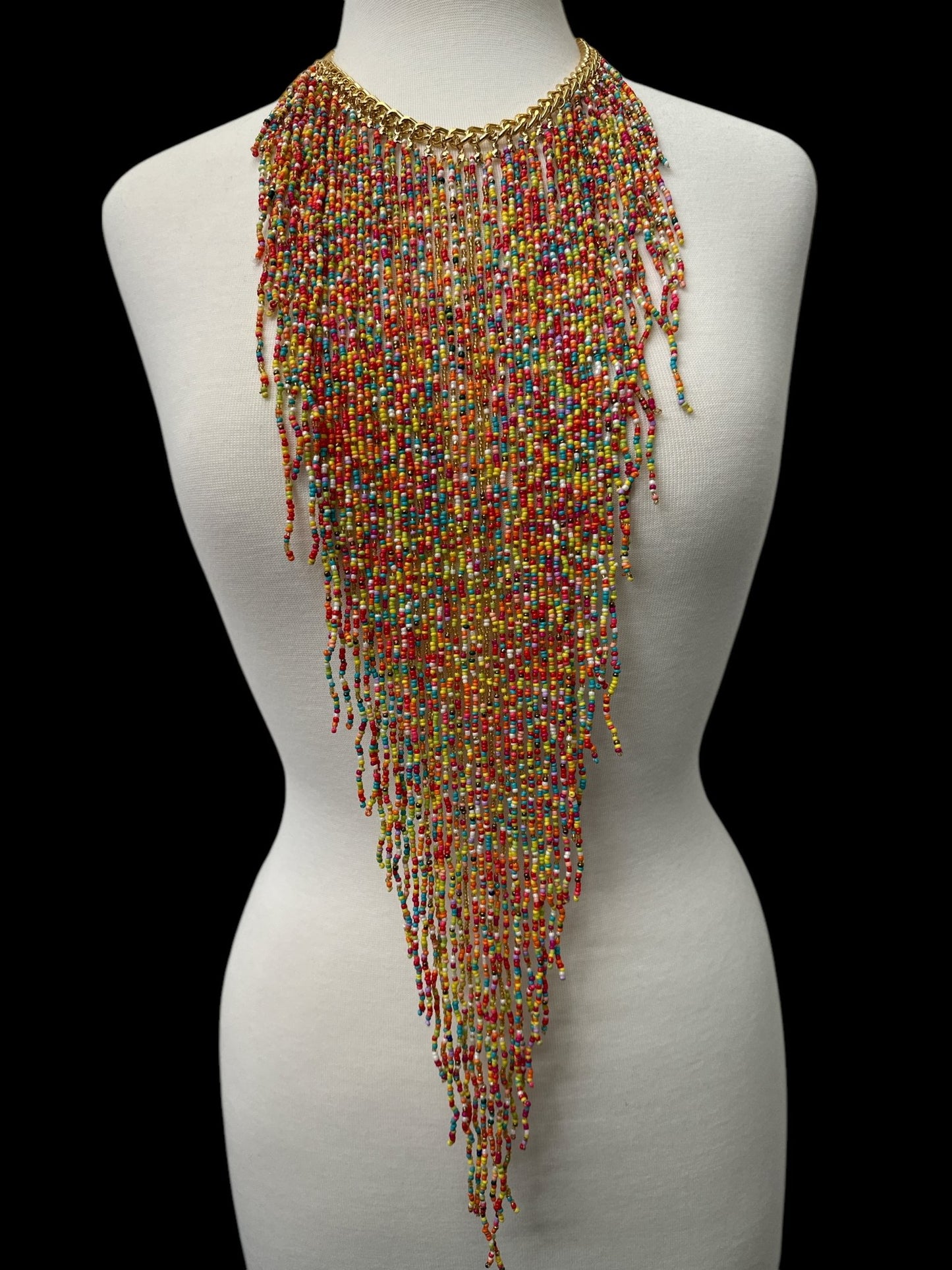 Handmade Long Bohemian Multicoloured Multi - Strand Beaded Fringe Statement Necklace - Fatisha Boutique