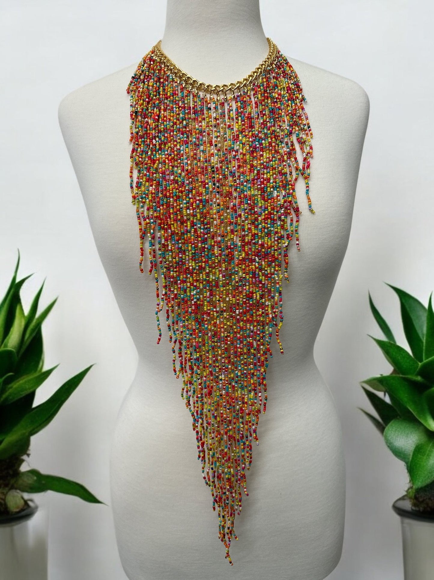 Handmade Long Bohemian Multicoloured Multi - Strand Beaded Fringe Statement Necklace - Fatisha Boutique