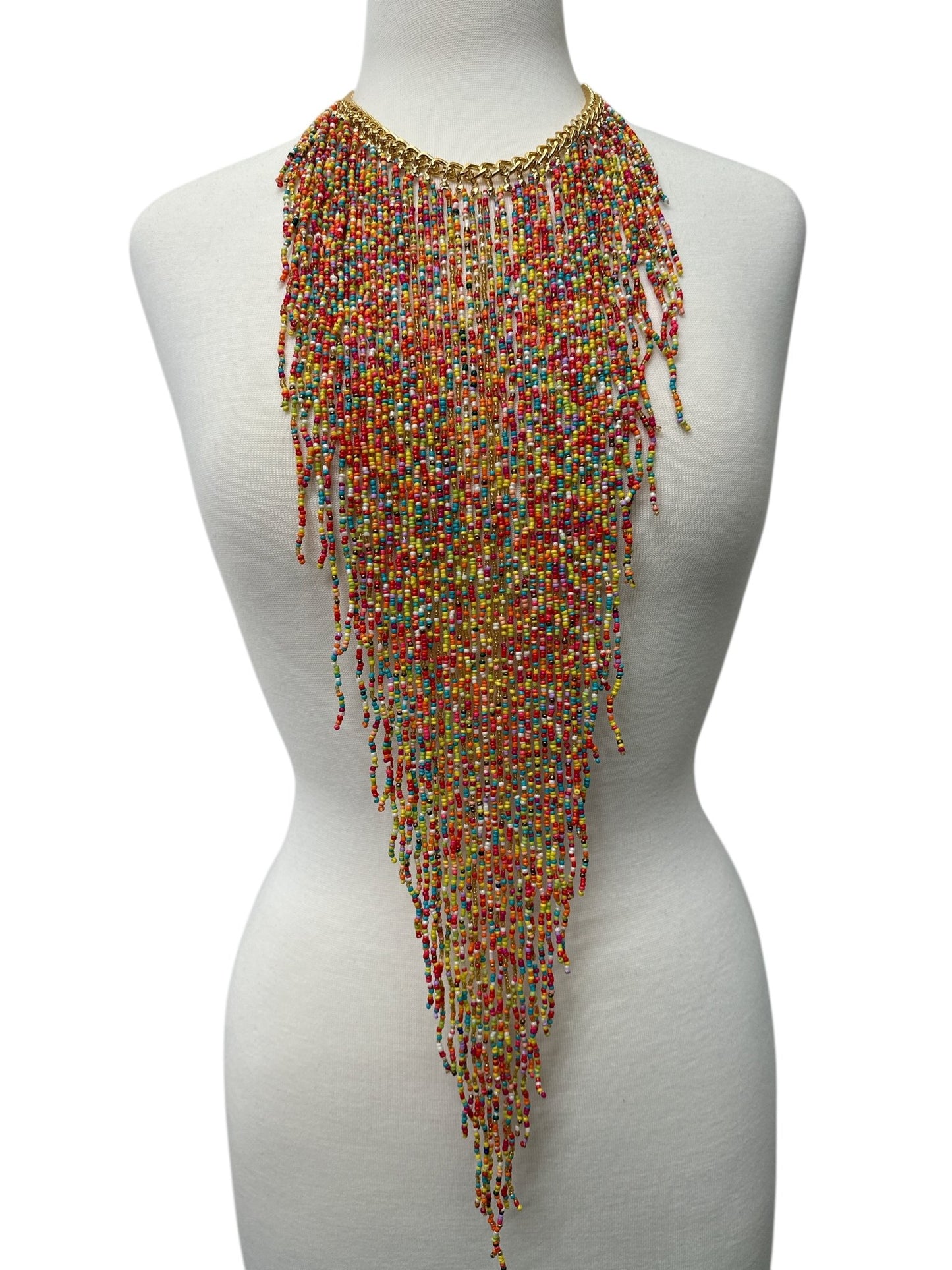 Handmade Long Bohemian Multicoloured Multi - Strand Beaded Fringe Statement Necklace - Fatisha Boutique