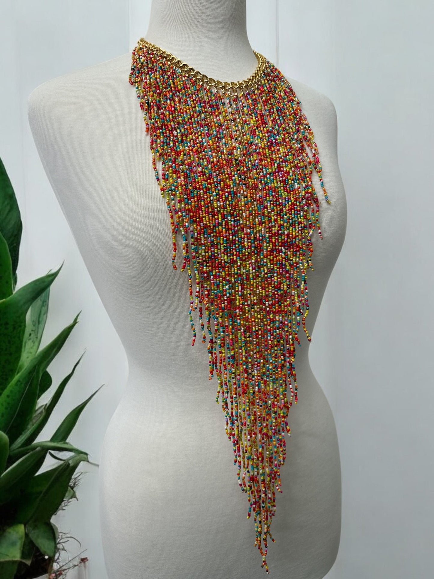Handmade Long Bohemian Multicoloured Multi - Strand Beaded Fringe Statement Necklace - Fatisha Boutique