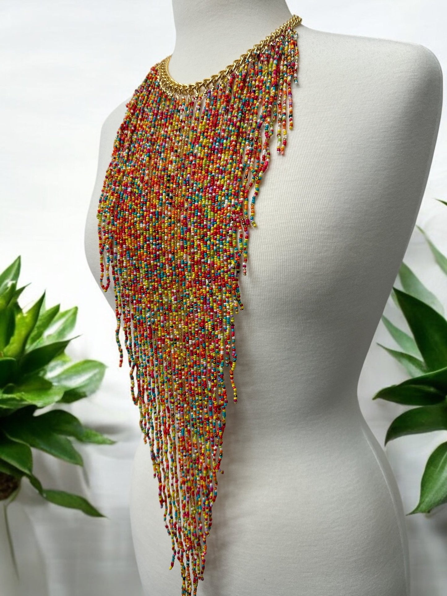Handmade Long Bohemian Multicoloured Multi - Strand Beaded Fringe Statement Necklace - Fatisha Boutique