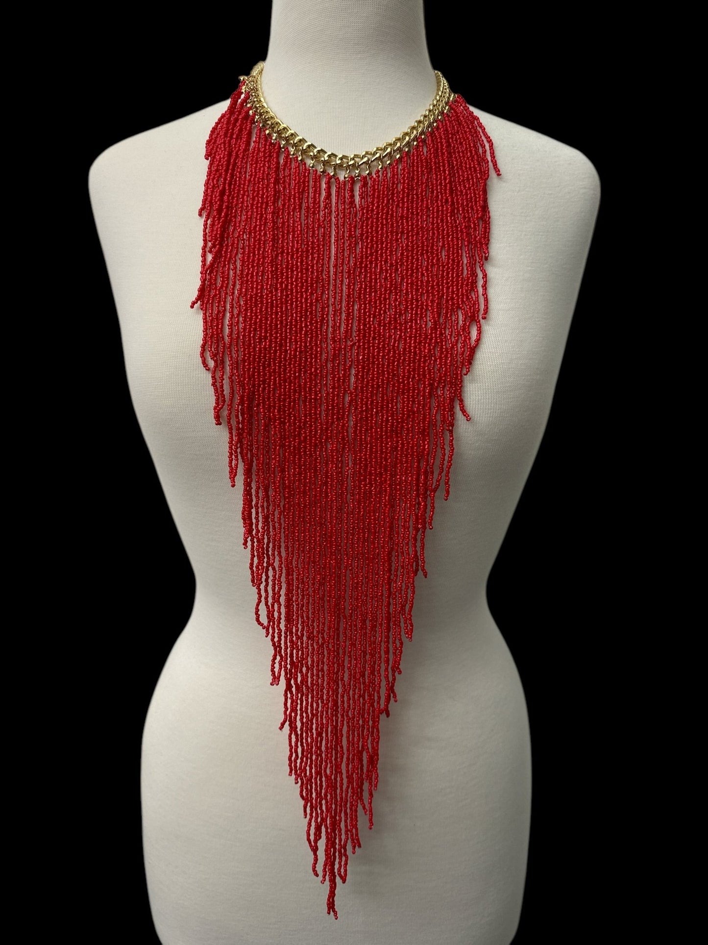 Handmade Long Bohemian Red Multi - Strand Beaded Fringe Statement Necklace - Fatisha Boutique