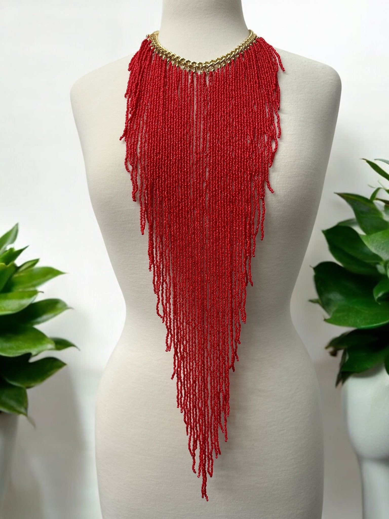 Handmade Long Bohemian Red Multi-Strand Beaded Fringe Statement