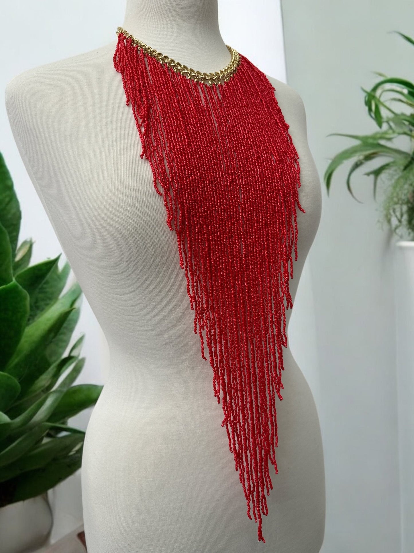 Handmade Long Bohemian Red Multi - Strand Beaded Fringe Statement Necklace - Fatisha Boutique