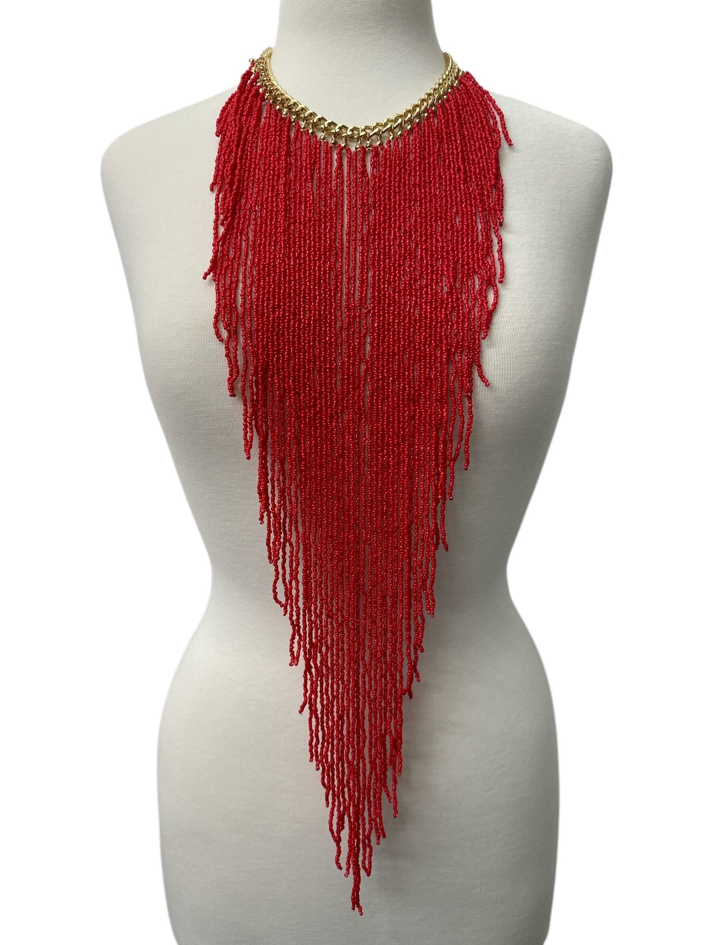 Handmade Long Bohemian Red Multi - Strand Beaded Fringe Statement Necklace - Fatisha Boutique