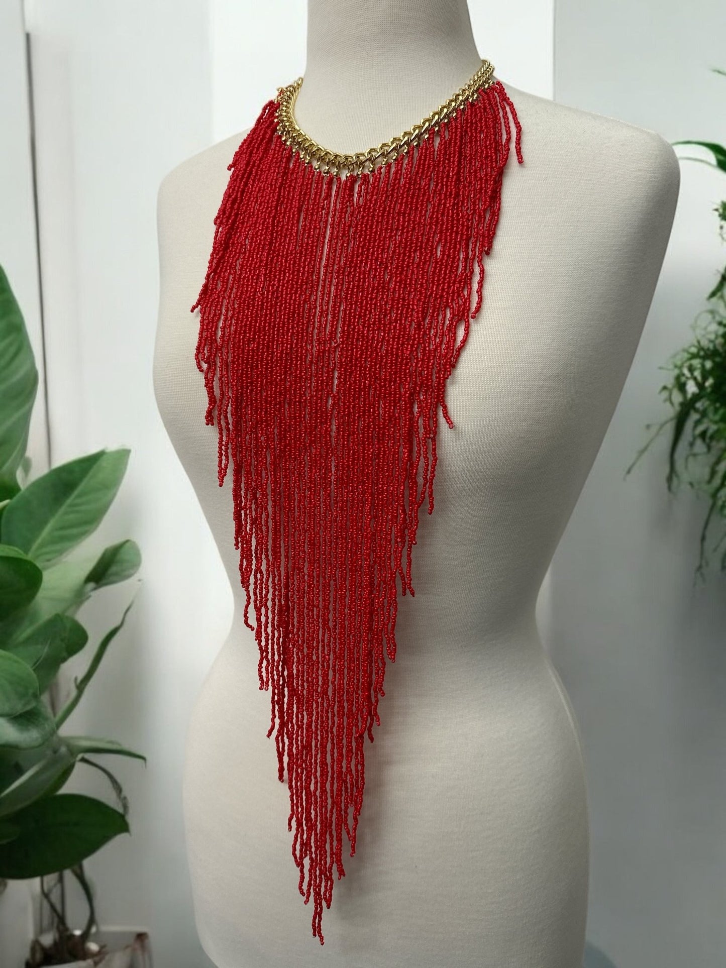 Handmade Long Bohemian Red Multi - Strand Beaded Fringe Statement Necklace - Fatisha Boutique