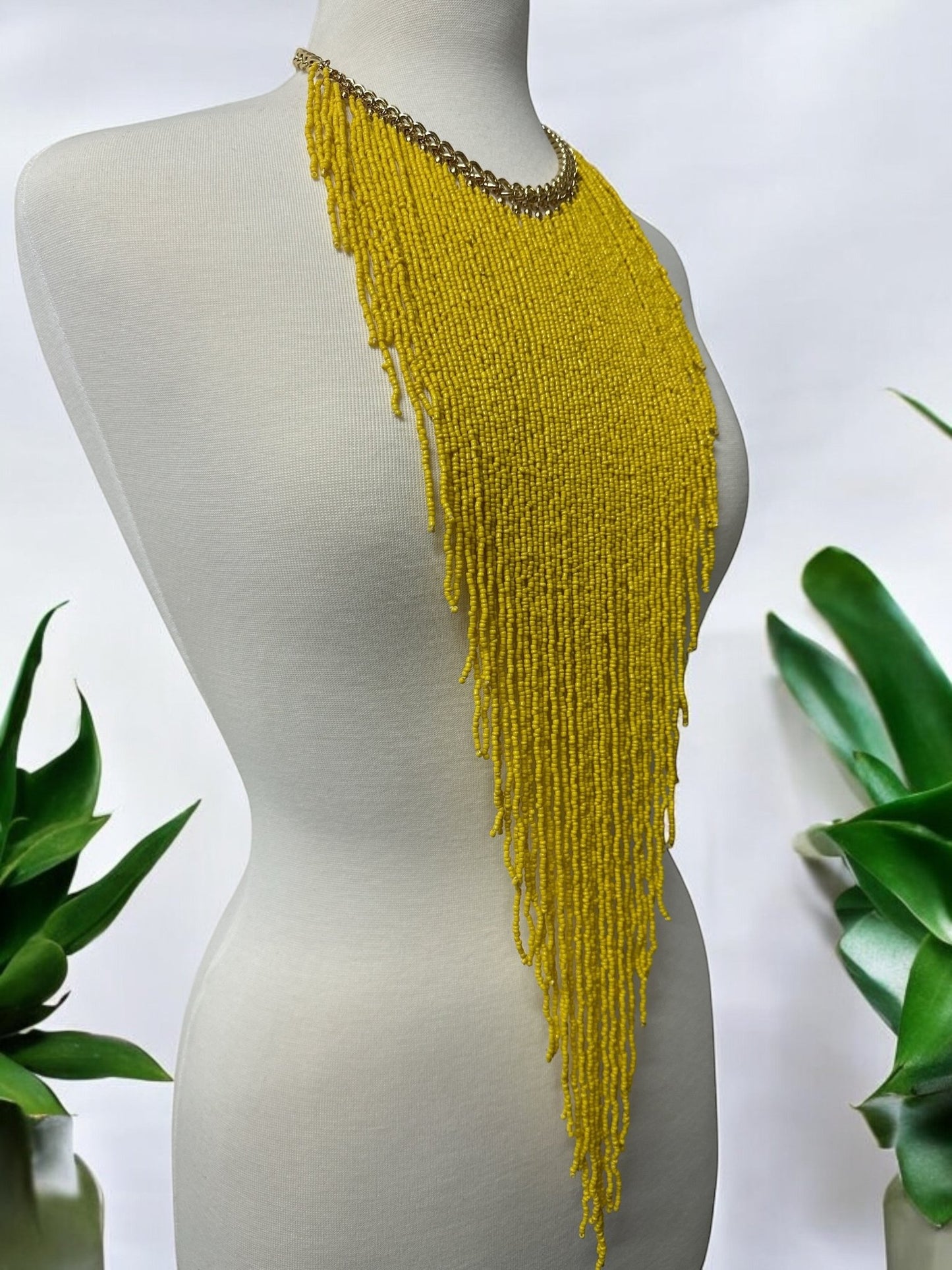 Handmade Long Bohemian Yellow Multi - Strand Beaded Fringe Statement Necklace - Fatisha Boutique