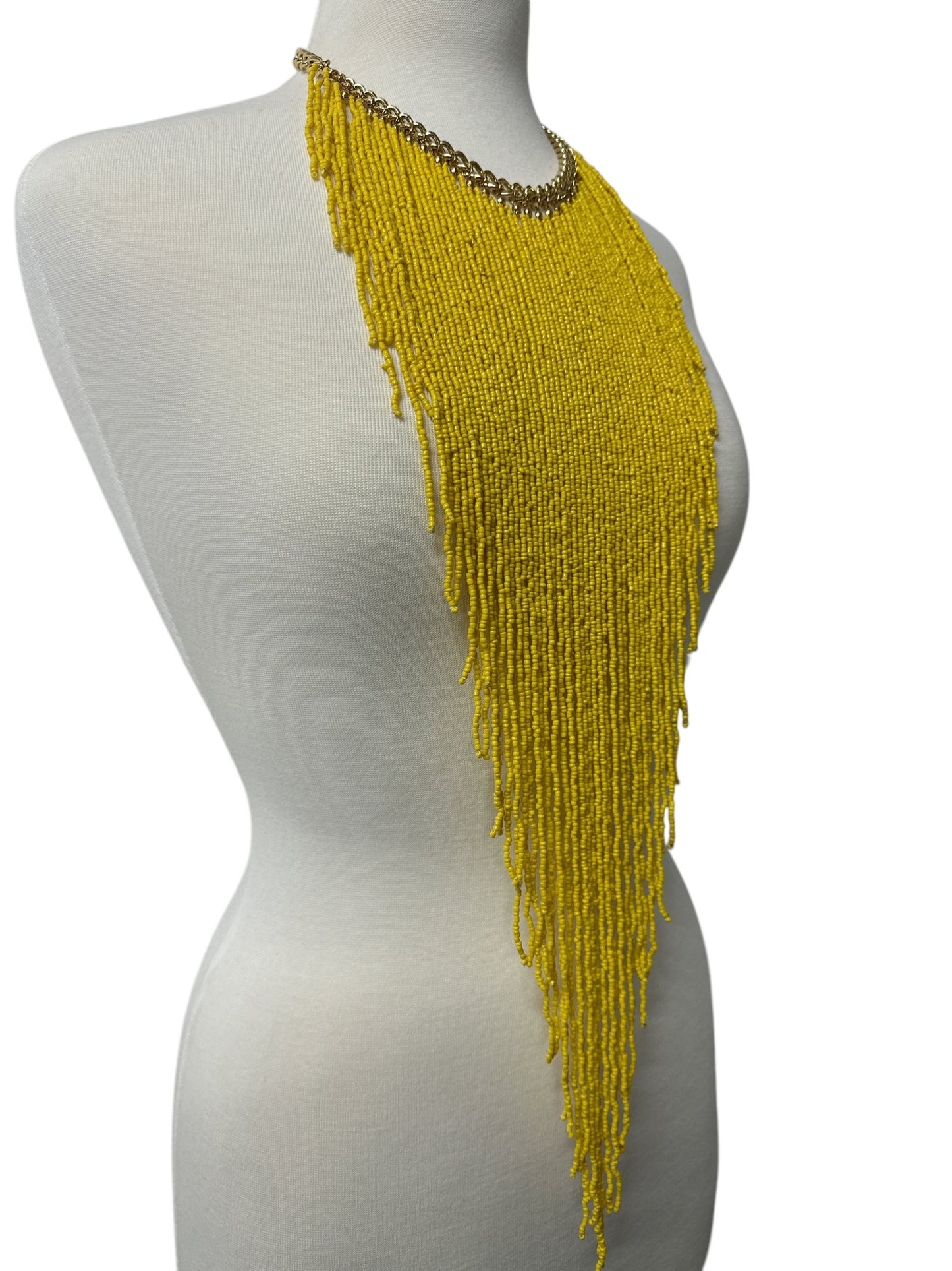 Handmade Long Bohemian Yellow Multi - Strand Beaded Fringe Statement Necklace - Fatisha Boutique