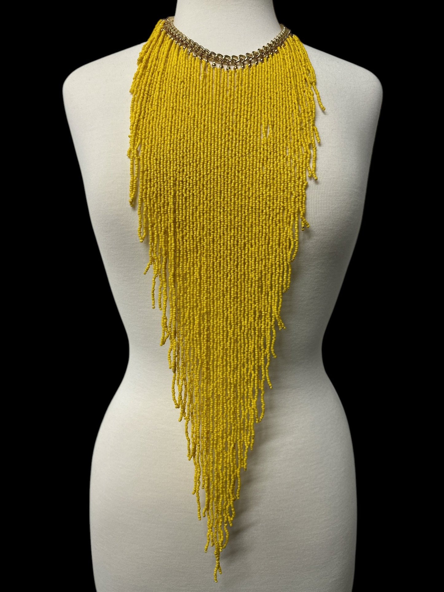 Handmade Long Bohemian Yellow Multi - Strand Beaded Fringe Statement Necklace - Fatisha Boutique