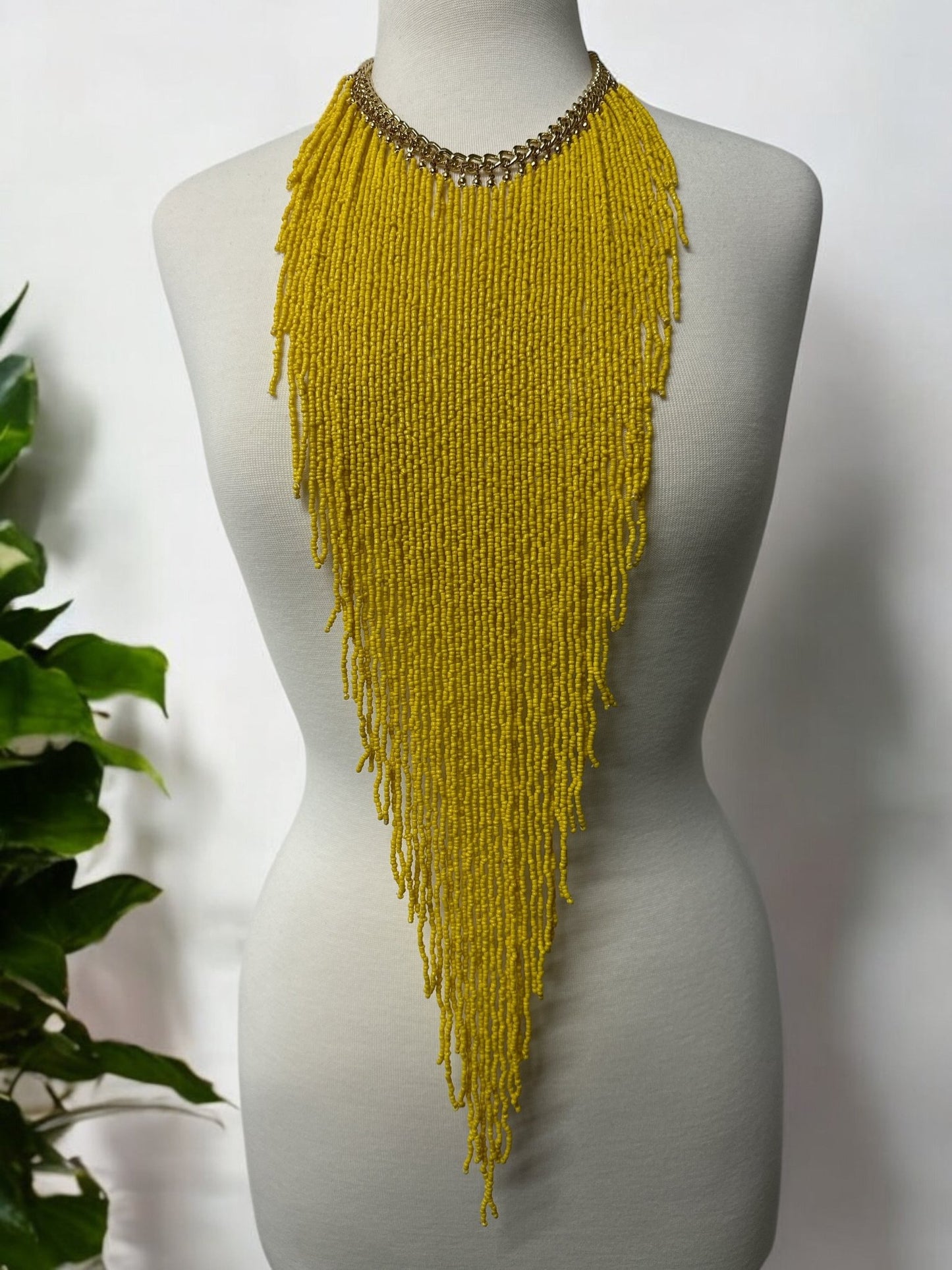 Handmade Long Bohemian Yellow Multi - Strand Beaded Fringe Statement Necklace - Fatisha Boutique
