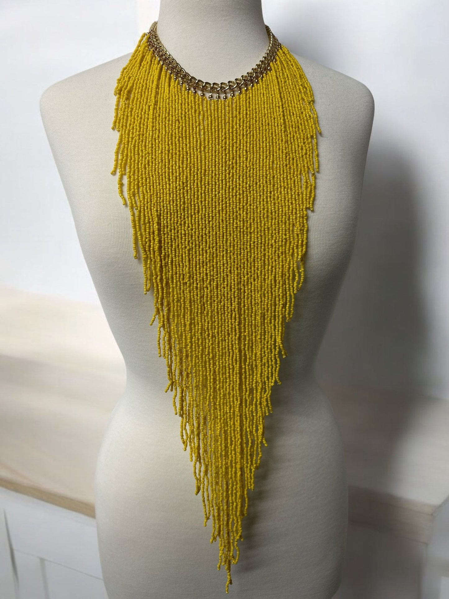 Handmade Long Bohemian Yellow Multi - Strand Beaded Fringe Statement Necklace - Fatisha Boutique
