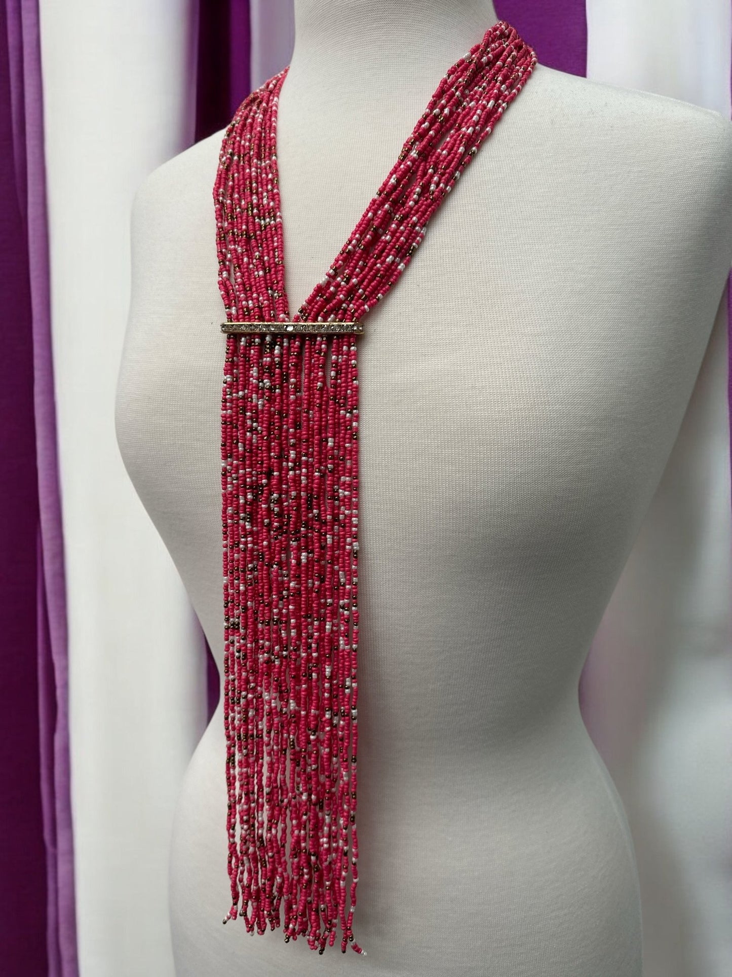 Handmade Pink Multi - Strand Beaded Necklace - Elegant Boho Fringe Necklace - Fatisha Boutique
