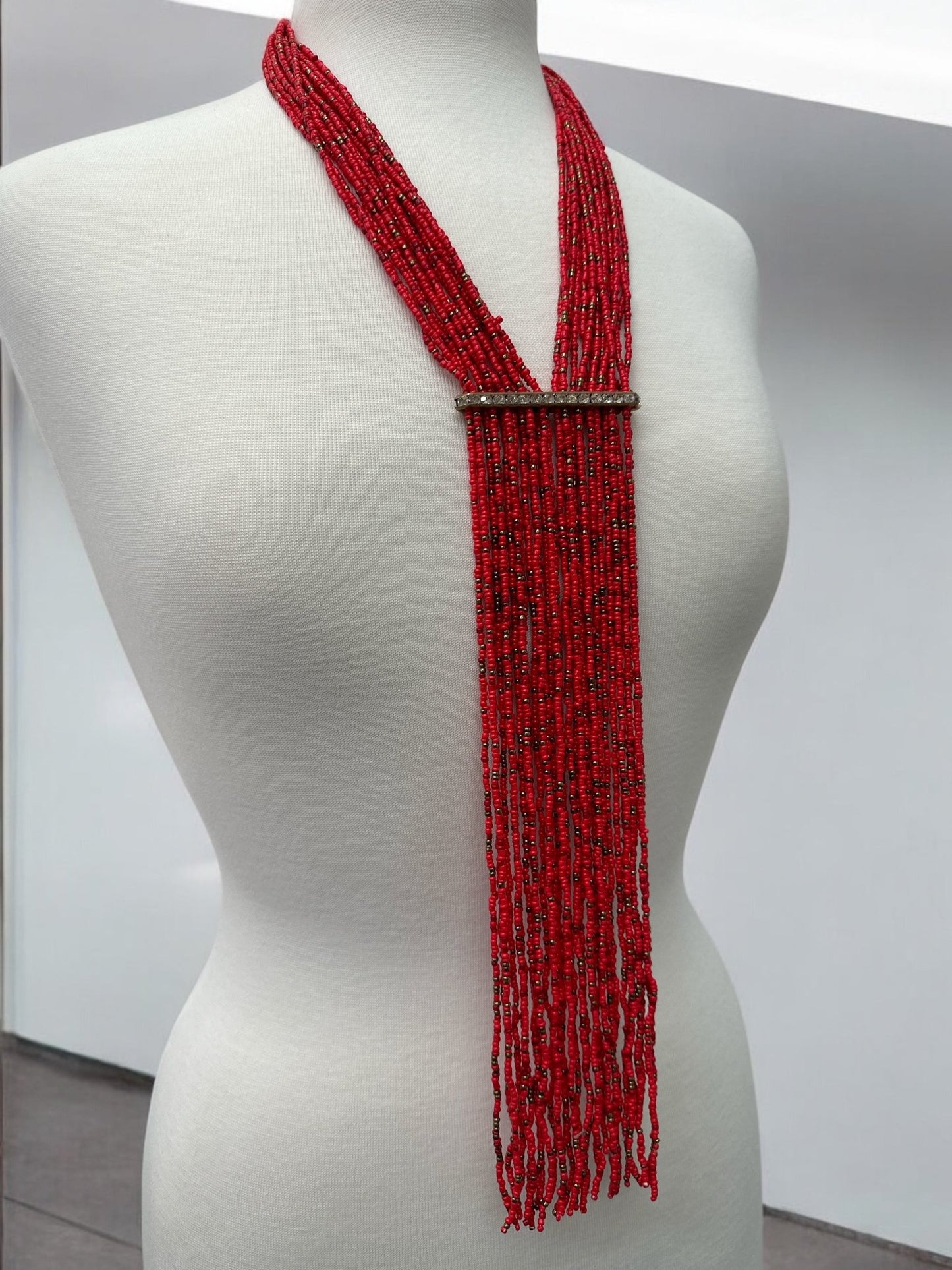 Handmade Red Multi - Strand Beaded Necklace - Elegant Boho Fringe Necklace - Fatisha Boutique