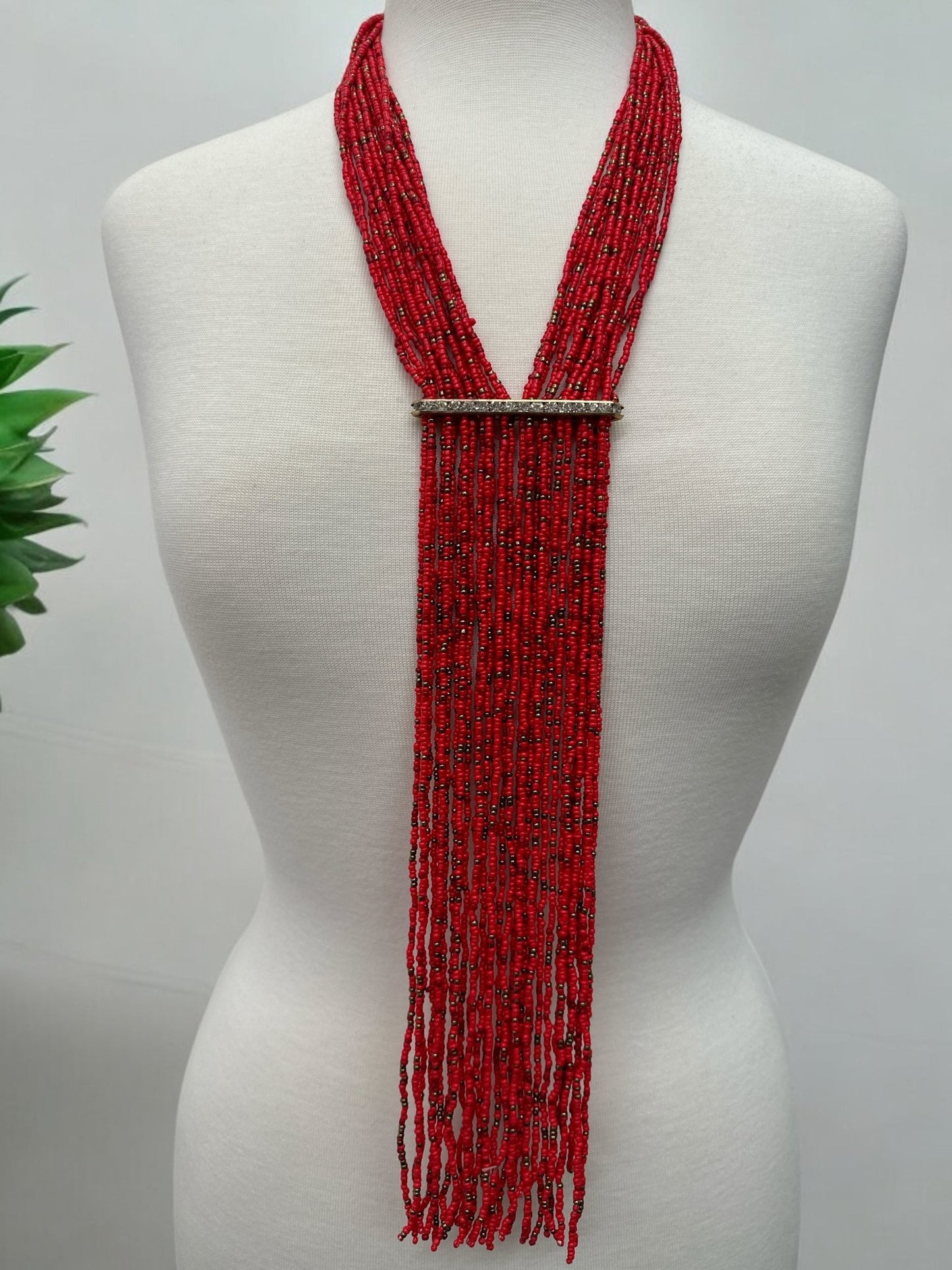 Handmade Red Multi - Strand Beaded Necklace - Elegant Boho Fringe Necklace - Fatisha Boutique