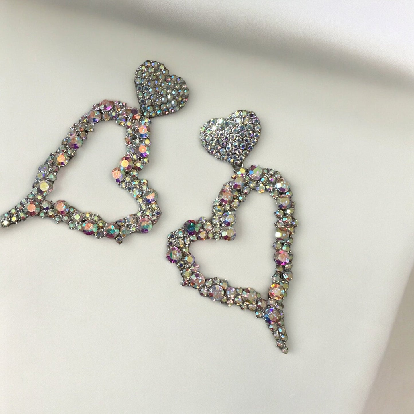 Heart Shaped AB Colour Diamante Rhinestone Elegant Statement Dangle Earrings - Fatisha Boutique