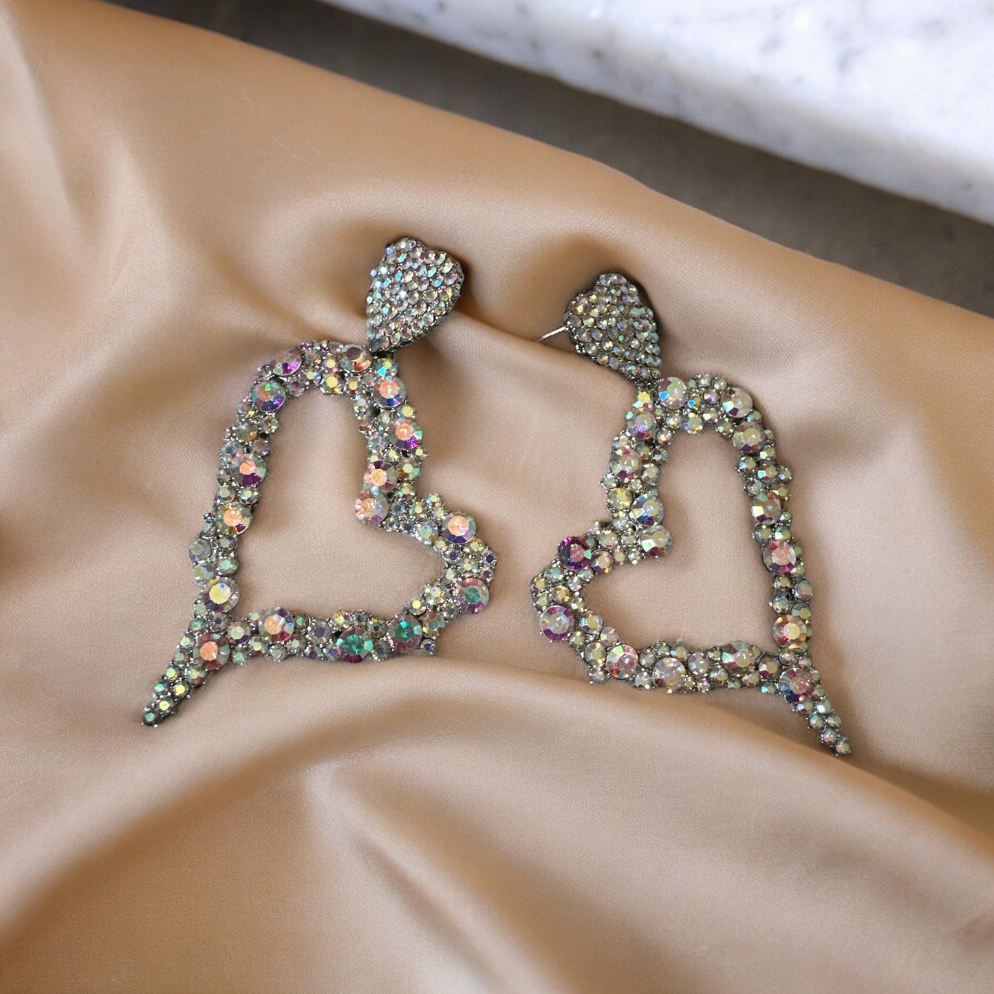 Heart Shaped AB Colour Diamante Rhinestone Elegant Statement Dangle Earrings - Fatisha Boutique