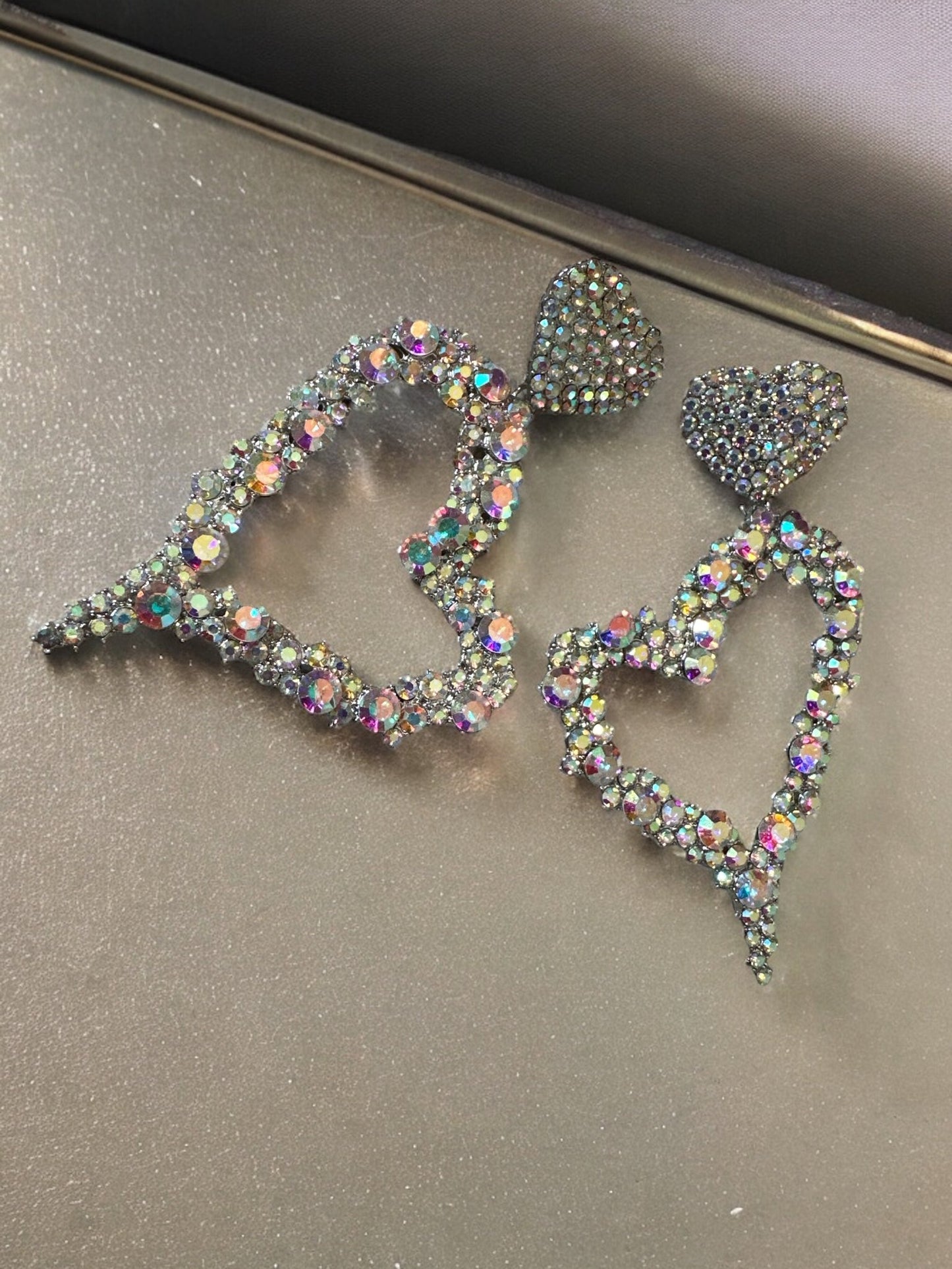 Heart Shaped AB Colour Diamante Rhinestone Elegant Statement Dangle Earrings - Fatisha Boutique