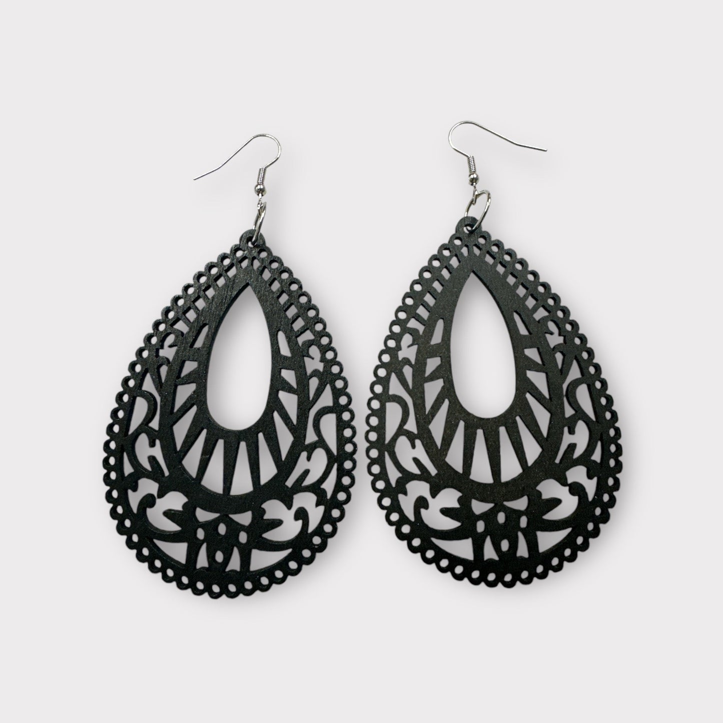 Lightweight Black Wooden Dangle Earrings - Intricate Cutout Design - Fatisha Boutique