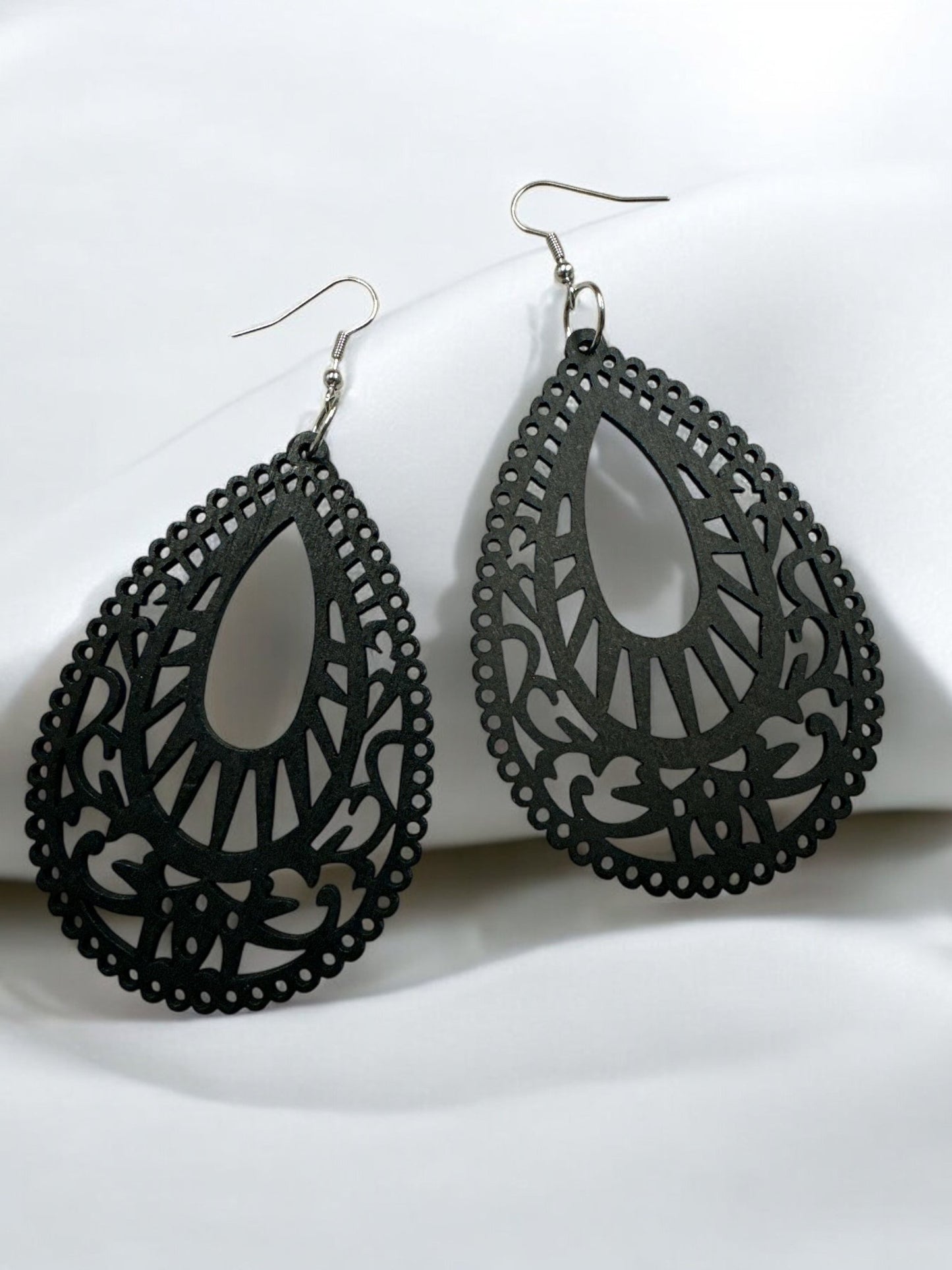 Lightweight Black Wooden Dangle Earrings - Intricate Cutout Design - Fatisha Boutique