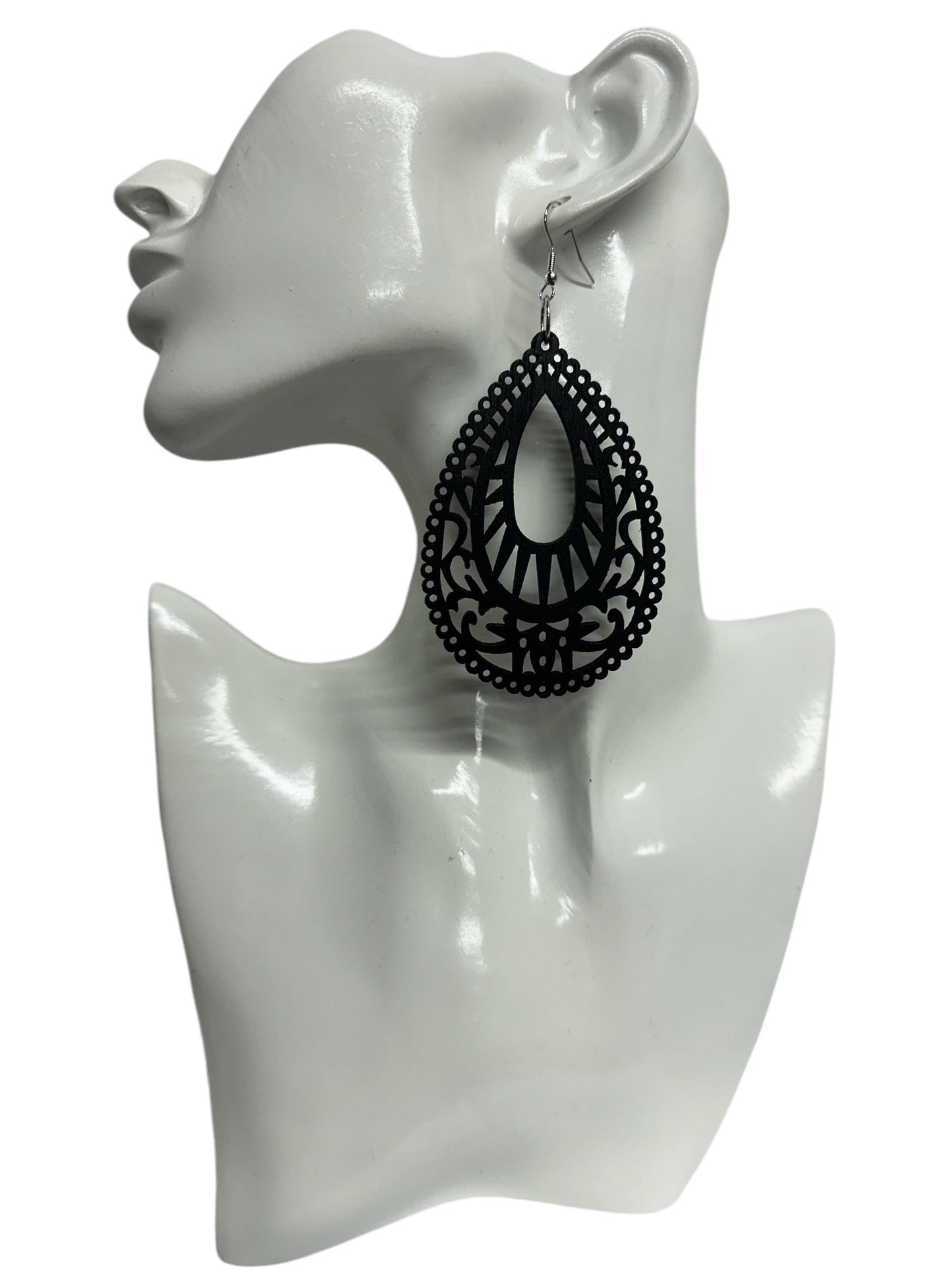 Lightweight Black Wooden Dangle Earrings - Intricate Cutout Design - Fatisha Boutique
