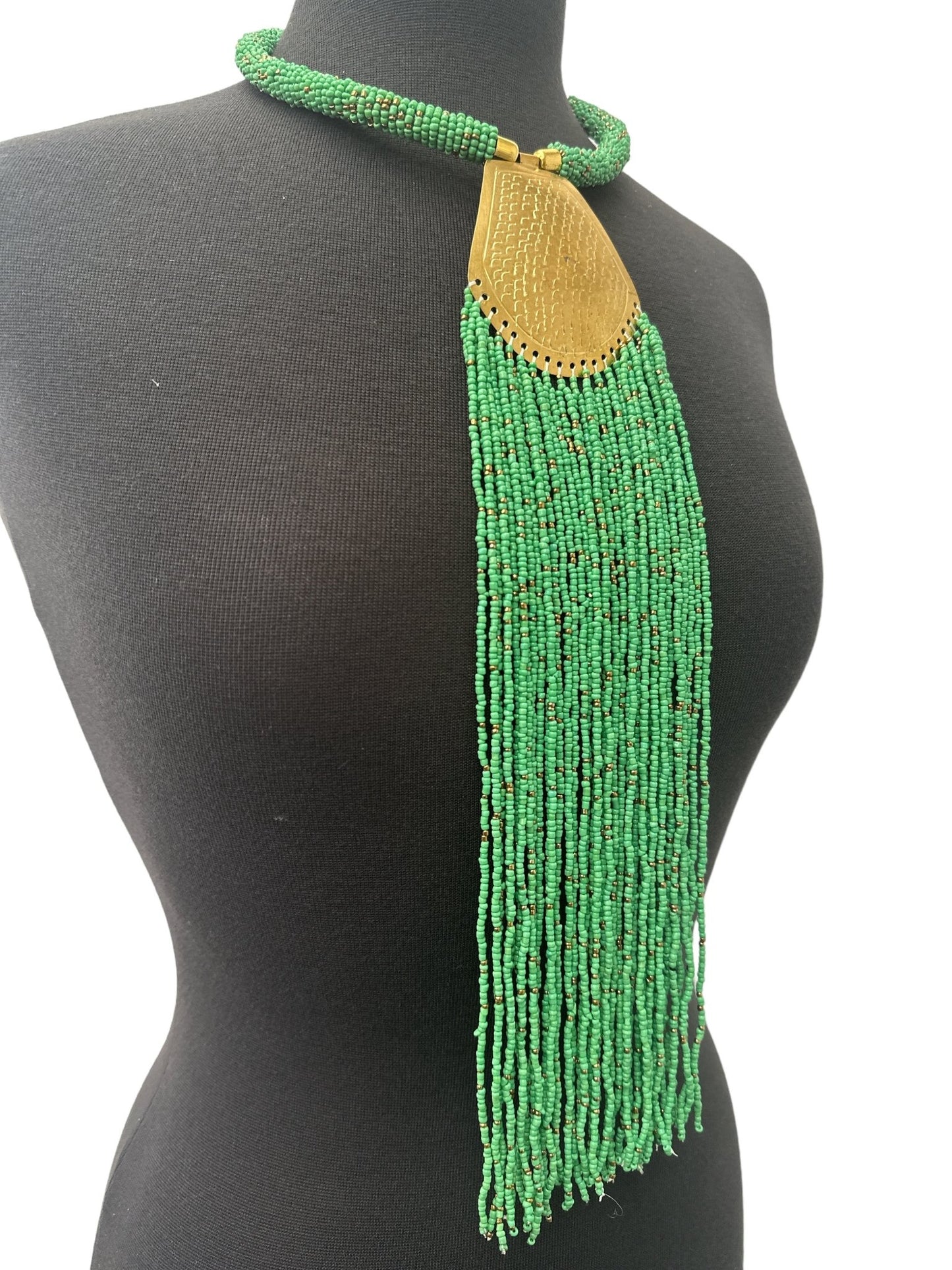 Long Authentic African Engraved Brass Green Beaded Fringe Pendant Necklace - Fatisha Boutique