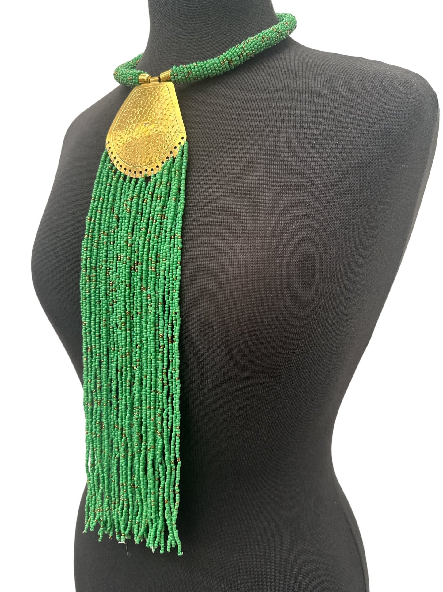 Long Authentic African Engraved Brass Green Beaded Fringe Pendant Necklace - Fatisha Boutique